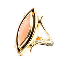 Mid-Century Angel Skin Coral and Enamel Navette Ring in 14k Yellow Gold