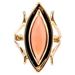 Mid-Century Angel Skin Coral and Enamel Navette Ring in 14k Yellow Gold