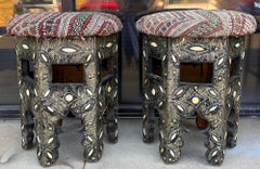 Mid-Century Anglo-Indian Bone Inlaid & Embossed Metal Side Table Or Stool - Pair