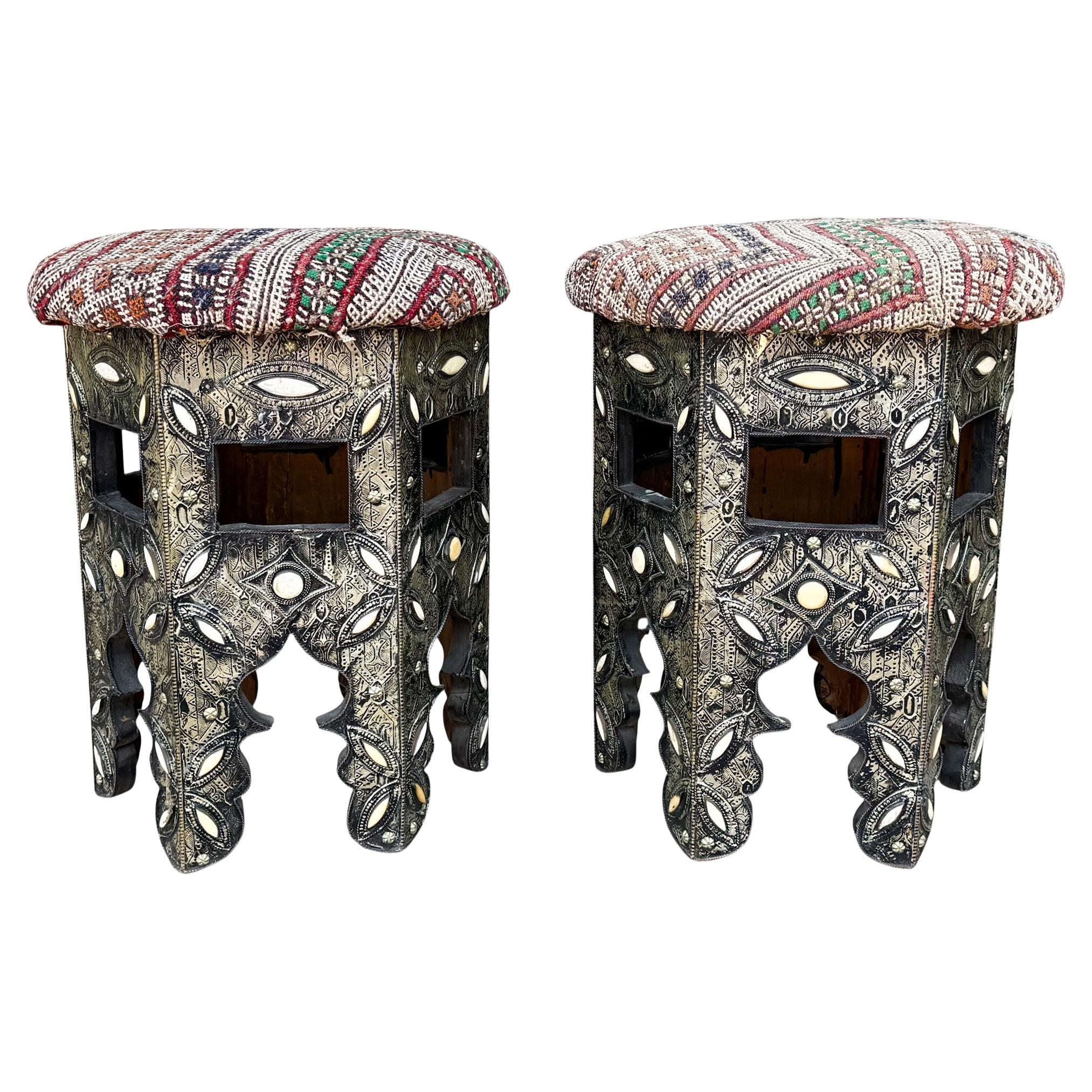 Mid-Century Anglo-Indian Bone Inlaid & Embossed Metal Side Table Or Stool - Pair