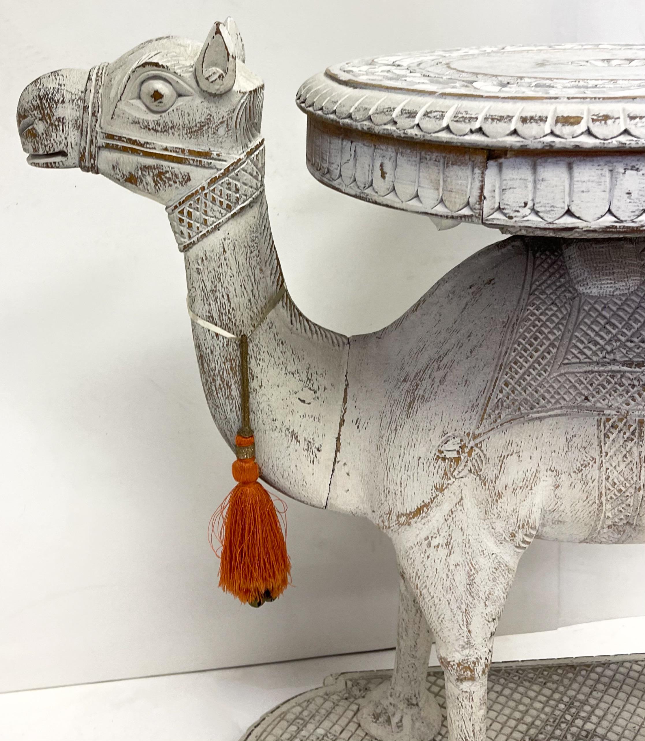 Mid-Century Anglo-Indian Carved White Washed Camel Form Side Table In Good Condition In Kennesaw, GA