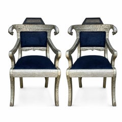 Mid-Century Anglo-Indian Klismos Style Metal Clad Chairs W/ Lions & Velvet Pair