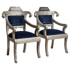 Mid-Century Anglo-Indian Klismos Style Metal Clad Chairs W/ Lions & Velvet Pair