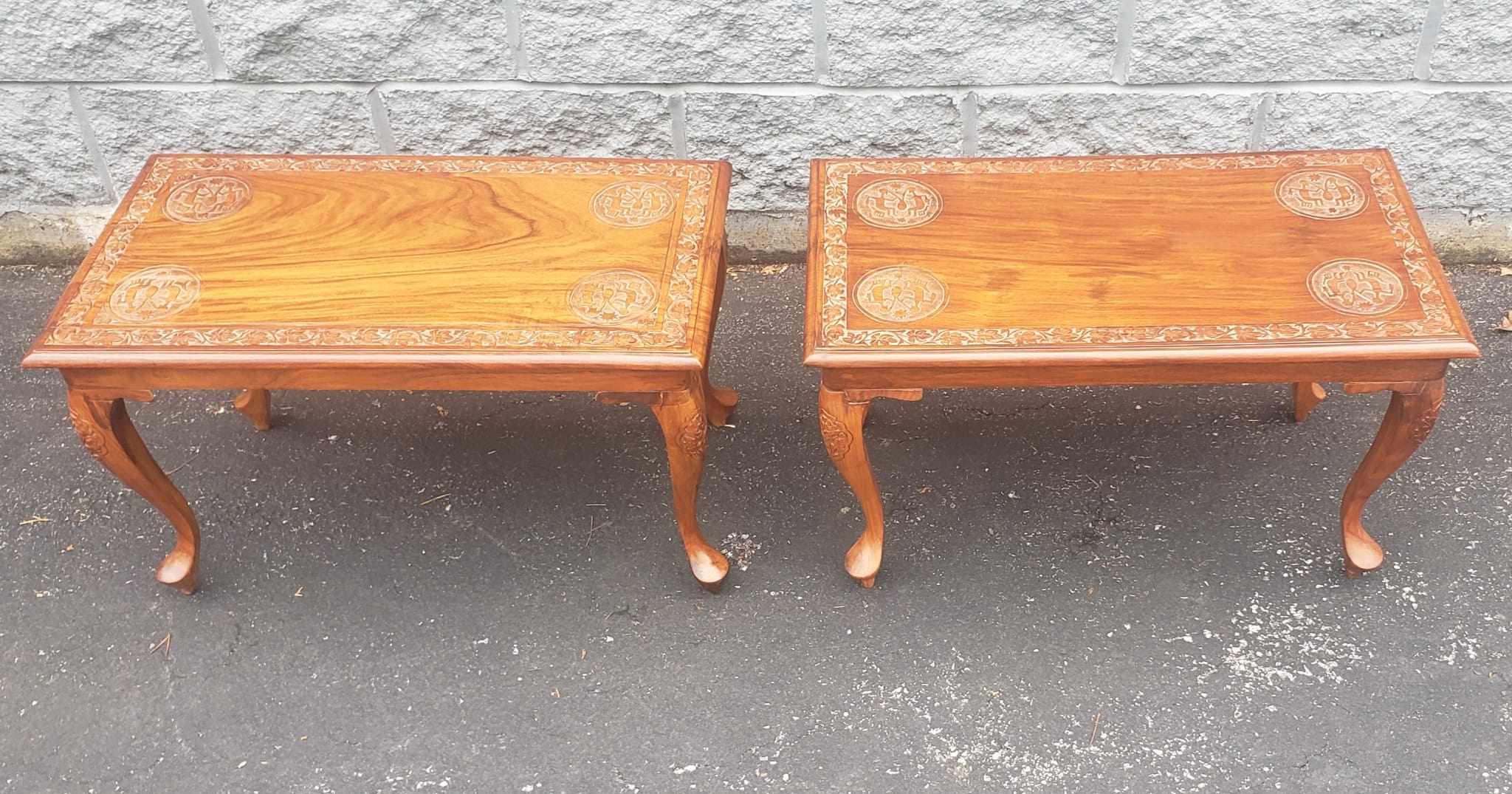 A pair of midcentury Anglo-Japanese Carved Hardwood Chabudai style Low Side Tables. 
The hardwood, possibly Indian rosewood has beautiful grai and shows great. Tables are 15.75