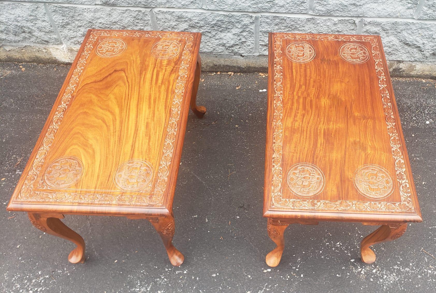 Midcentury Anglo-Japanese Carved Hardwood Low Side Tables, a Pair In Good Condition For Sale In Germantown, MD