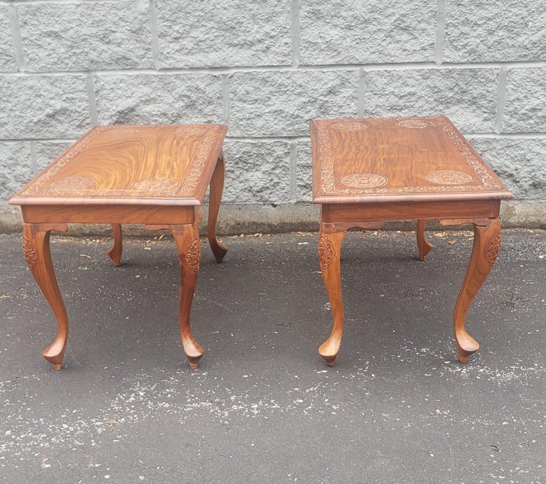 Midcentury AngloJapanese Carved Hardwood Low Side Tables, a Pair For