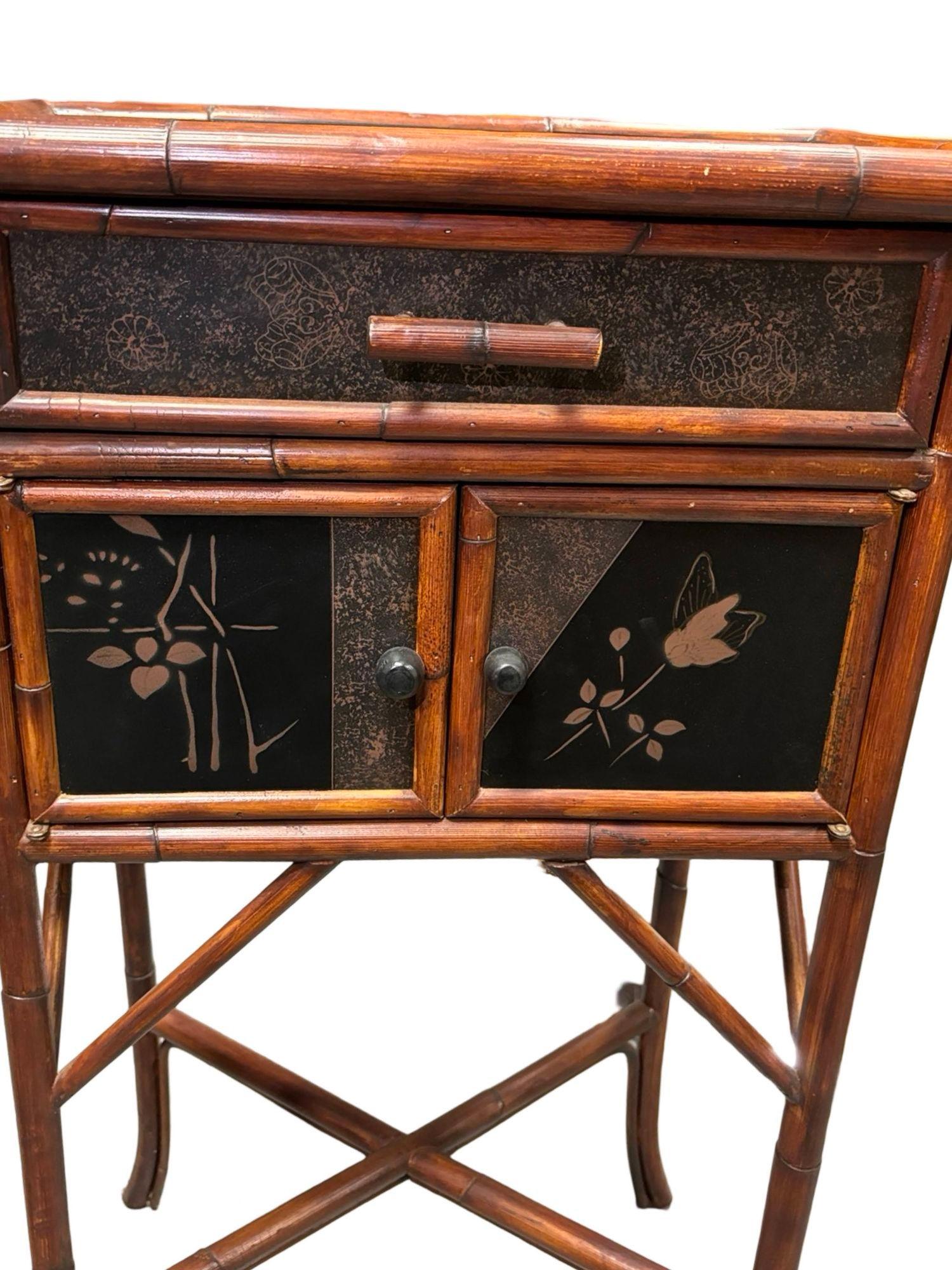 Mid Century Anglo-Japanese Style Bamboo Framed Side Cabinet In Excellent Condition In Van Nuys, CA