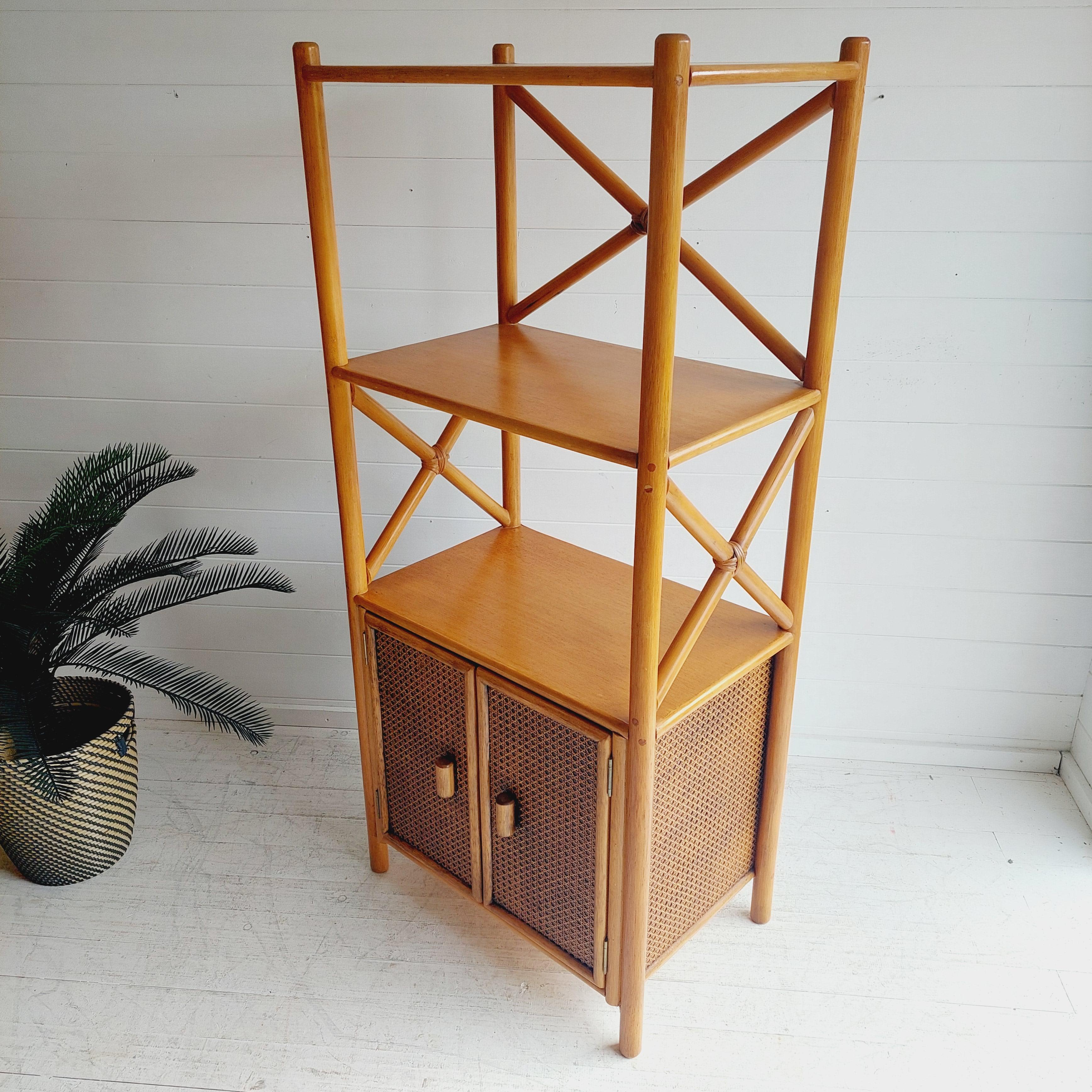 Bohemian Mid Century Angraves Bamboo, cane and rattan Shelving Unit  70s 80s
