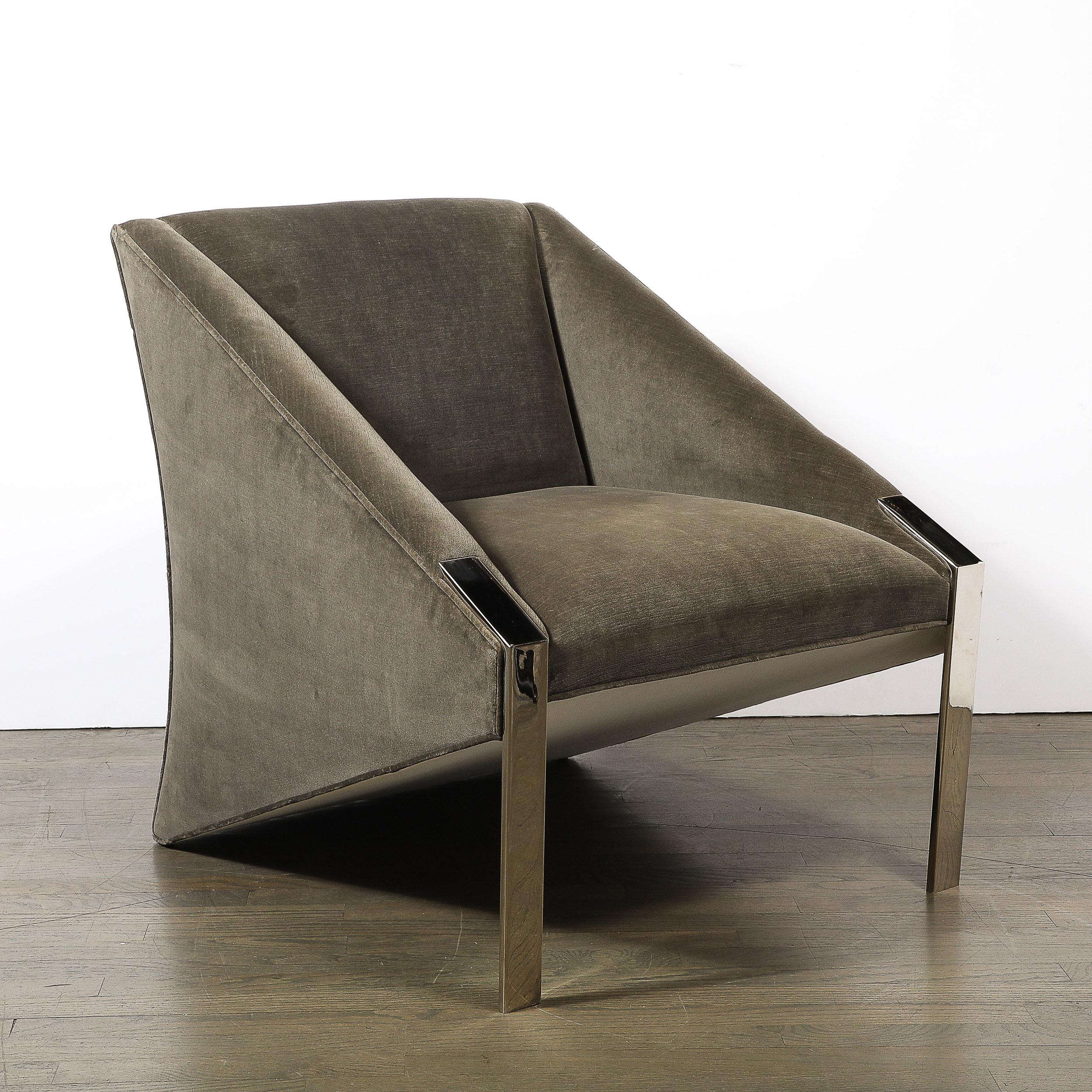 Mid-Century Angular Club Chairs W/ Polished Nickel  Supports by Andrée Putman For Sale 3