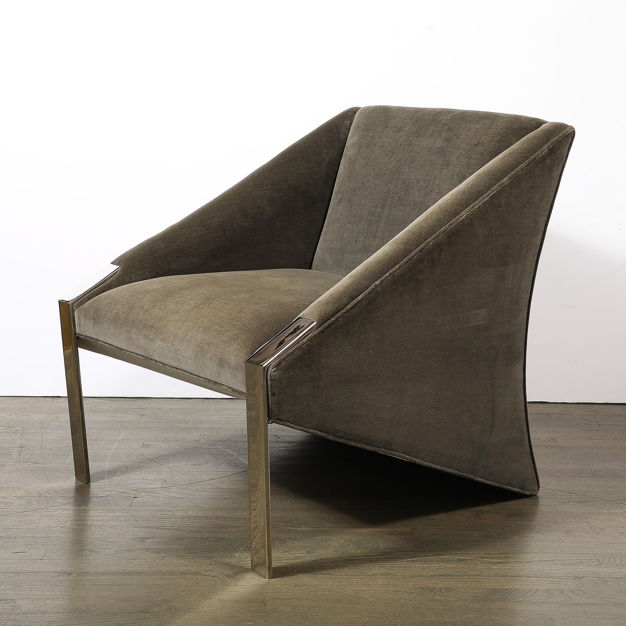 French Mid-Century Angular Club Chairs W/ Polished Nickel  Supports by Andrée Putman For Sale