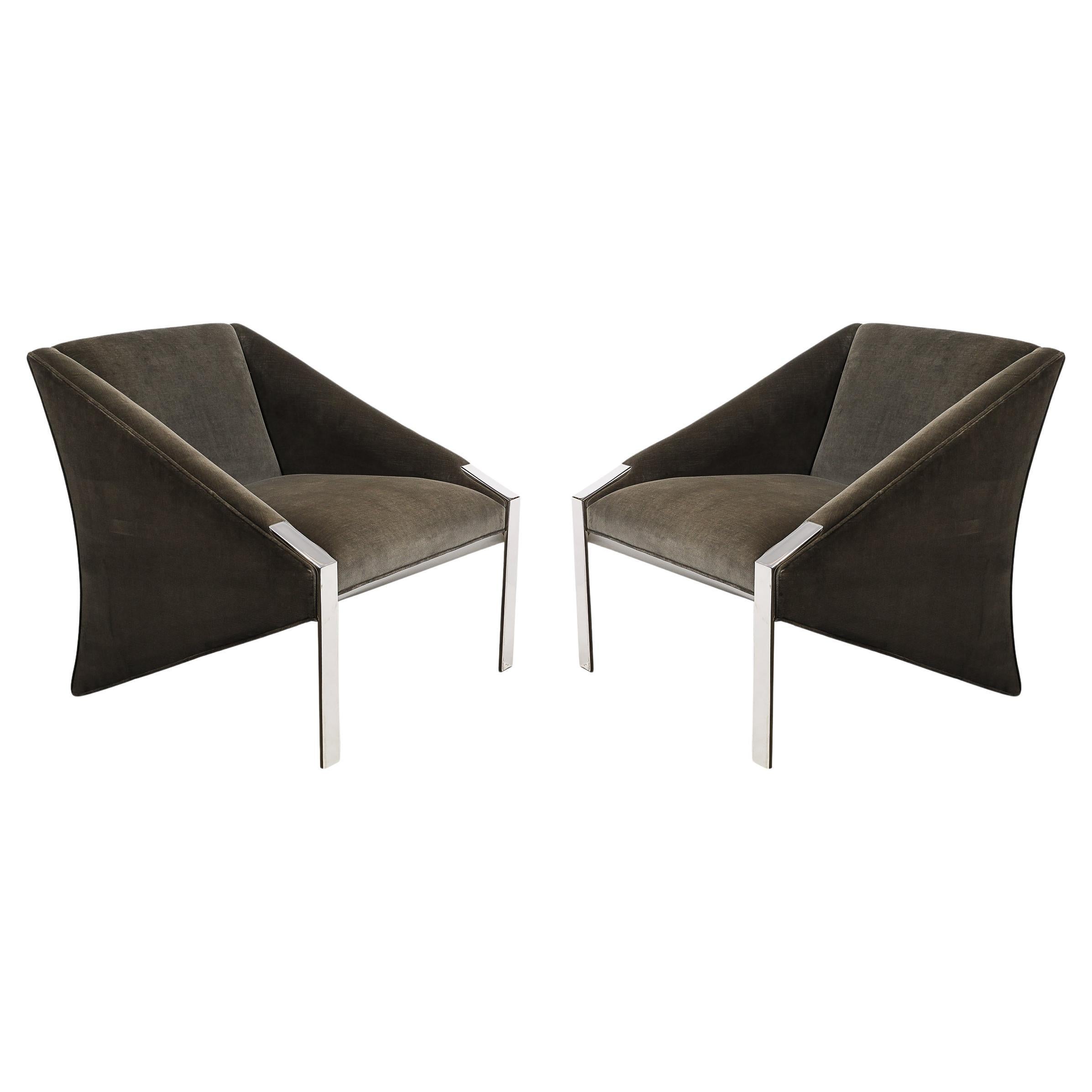 Mid-Century Angular Club Chairs W/ Polished Nickel  Supports by Andrée Putman