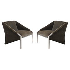 Mid-Century Angular Club Chairs W/ Polished Nickel  Supports by Andrée Putman