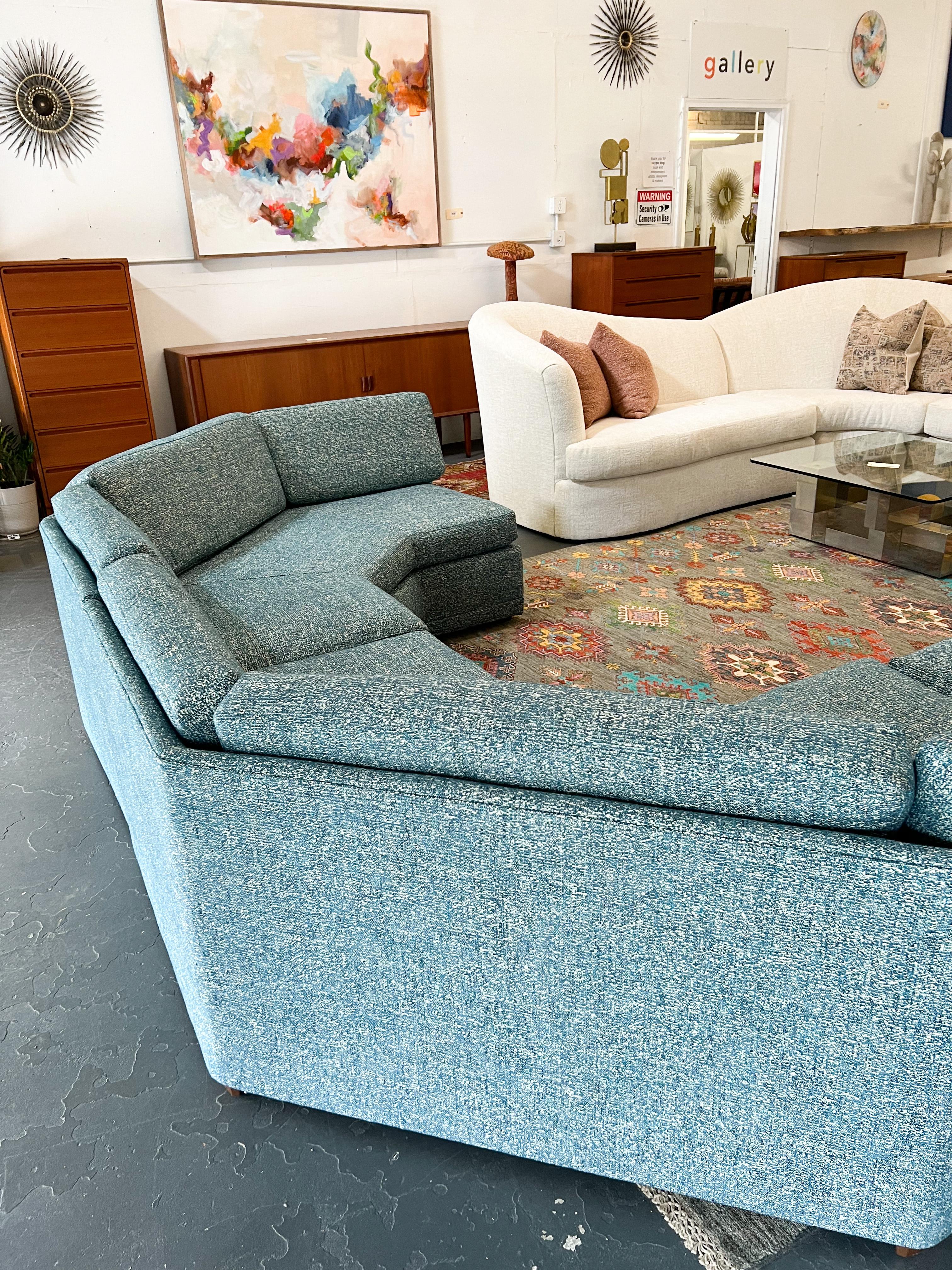 Mid Century Angular Sectional Sofa with Ottoman, New Teal Upholstery 8