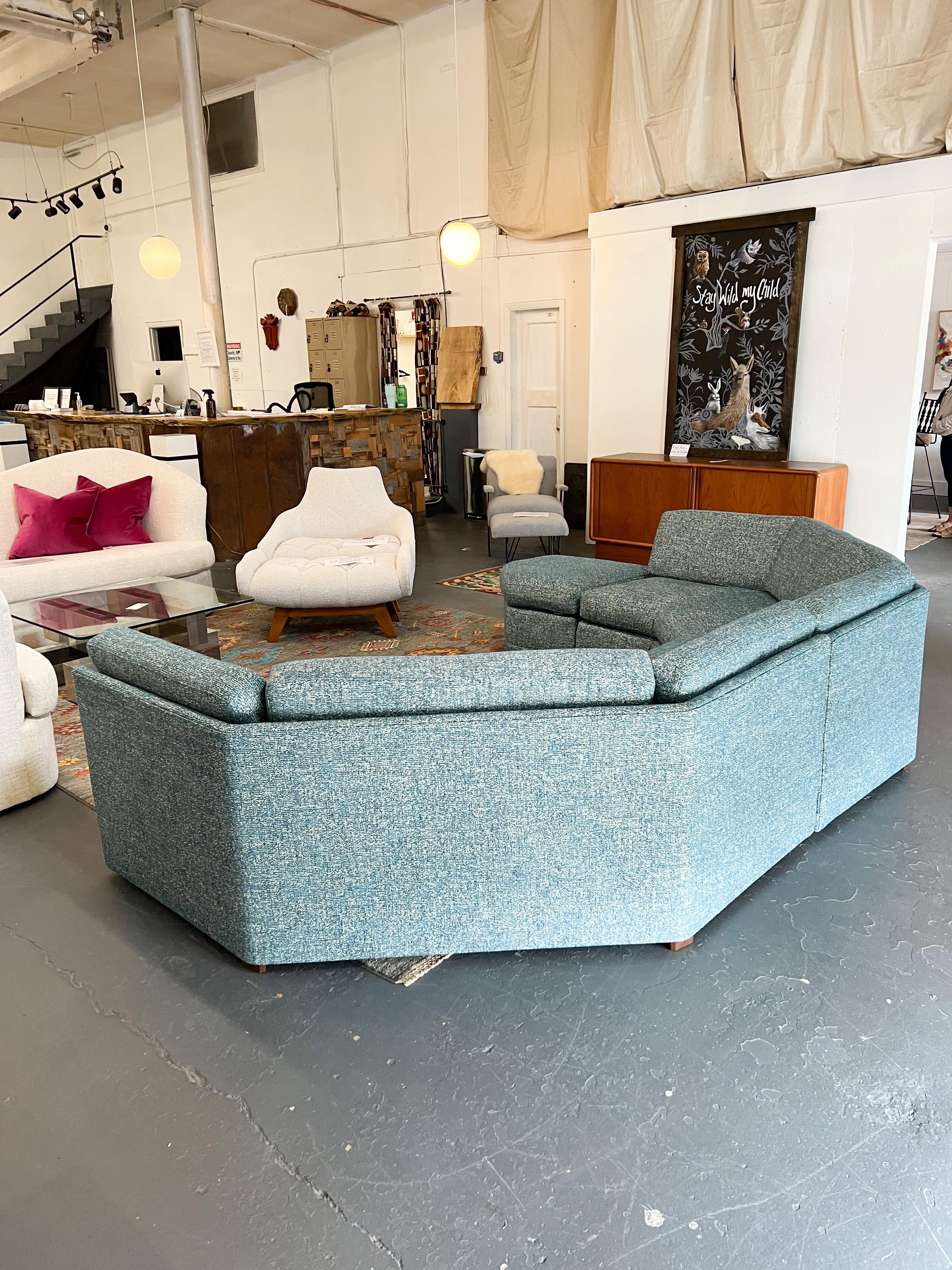 Mid Century Angular Sectional Sofa with Ottoman, New Teal Upholstery 9