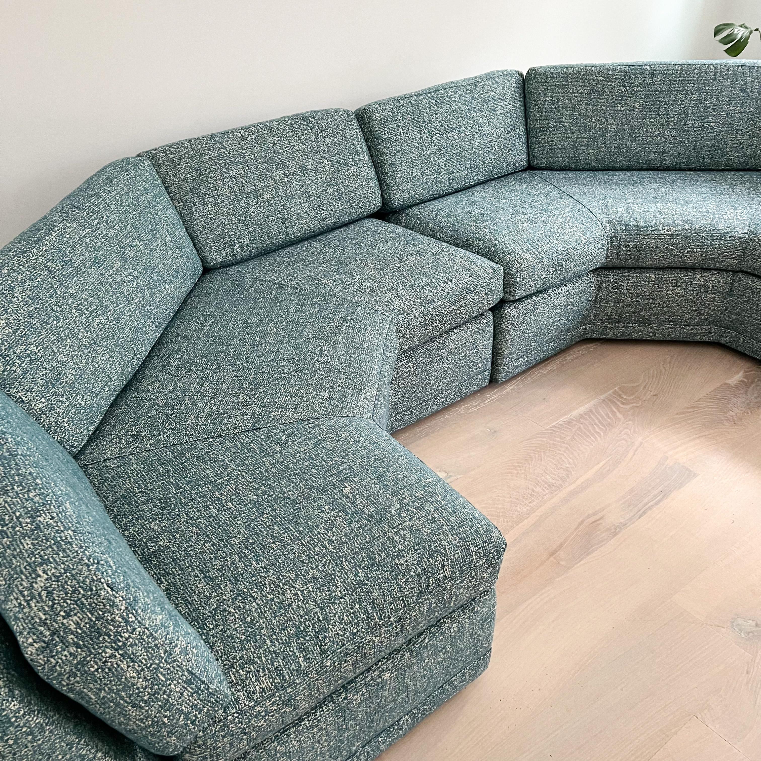 Mid Century Angular Sectional Sofa with Ottoman, New Teal Upholstery In Excellent Condition In Asheville, NC