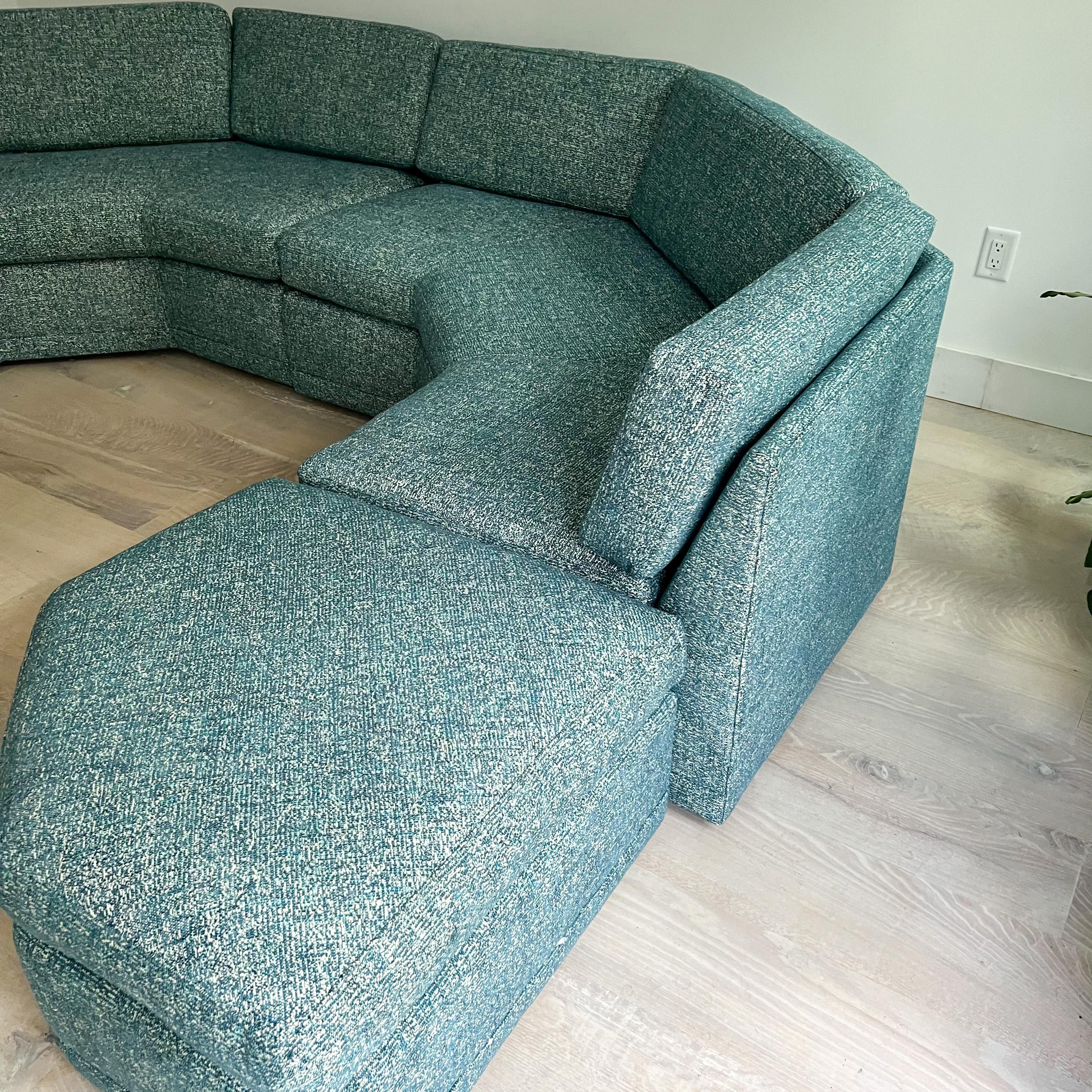 Mid-20th Century Mid Century Angular Sectional Sofa with Ottoman, New Teal Upholstery