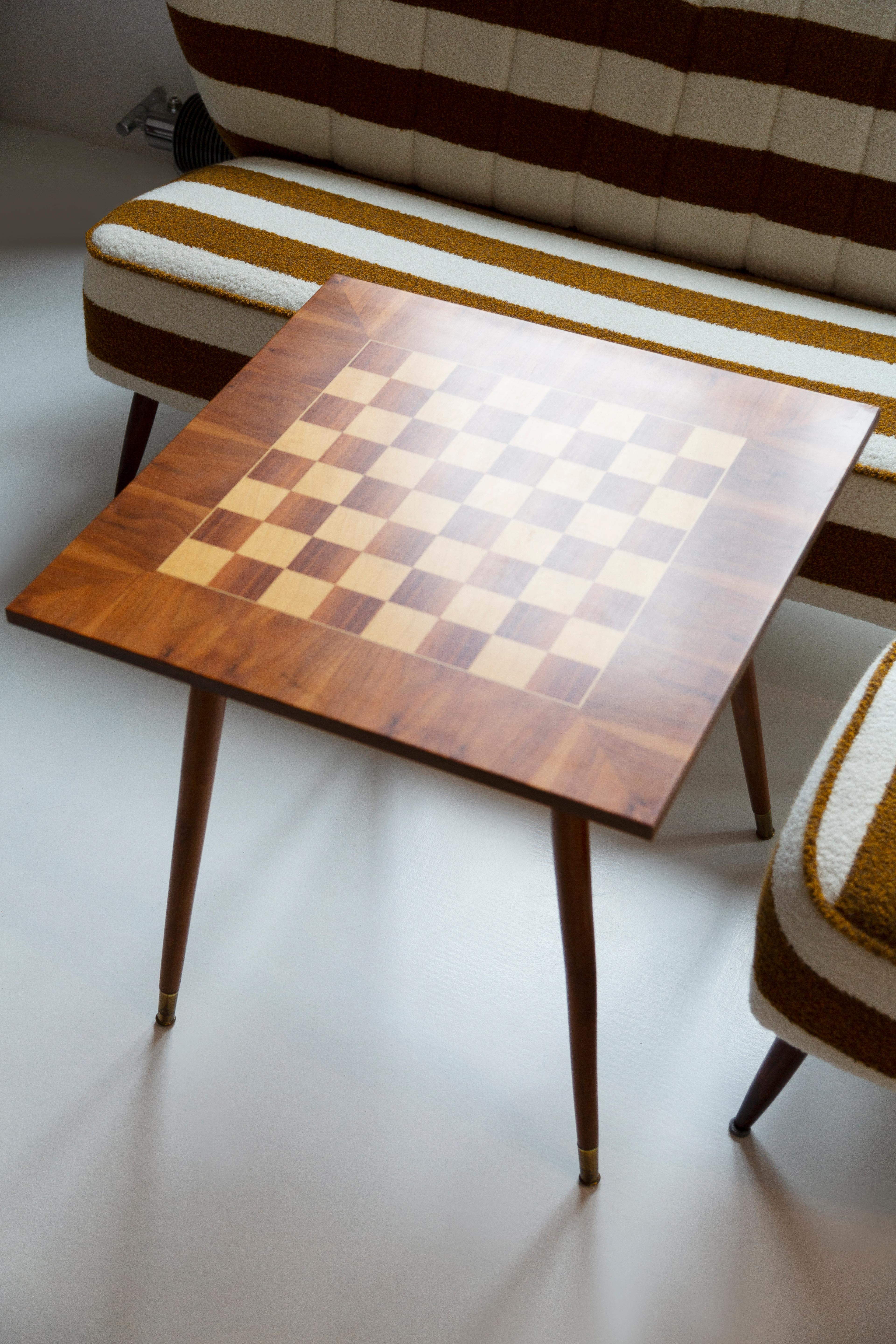 Beautiful antique chess table from the 1960s. It was manufactured in Poland in 1960s. The table was made of wood and veneer plywood, it was refreshed. Very good original vintage condition.