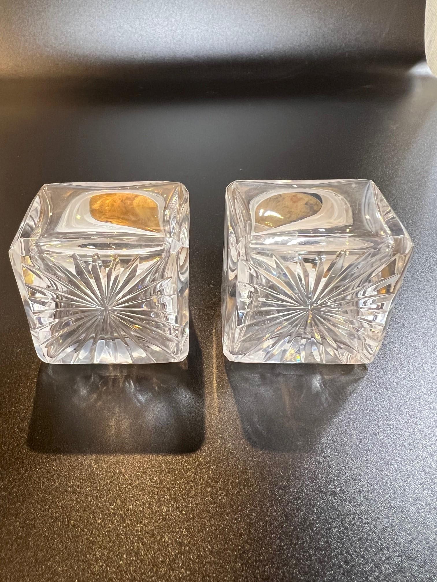 19th Century Mid-Century Antique Pair of Glass Inkwells with a Brass Lid and a Shield on Top For Sale