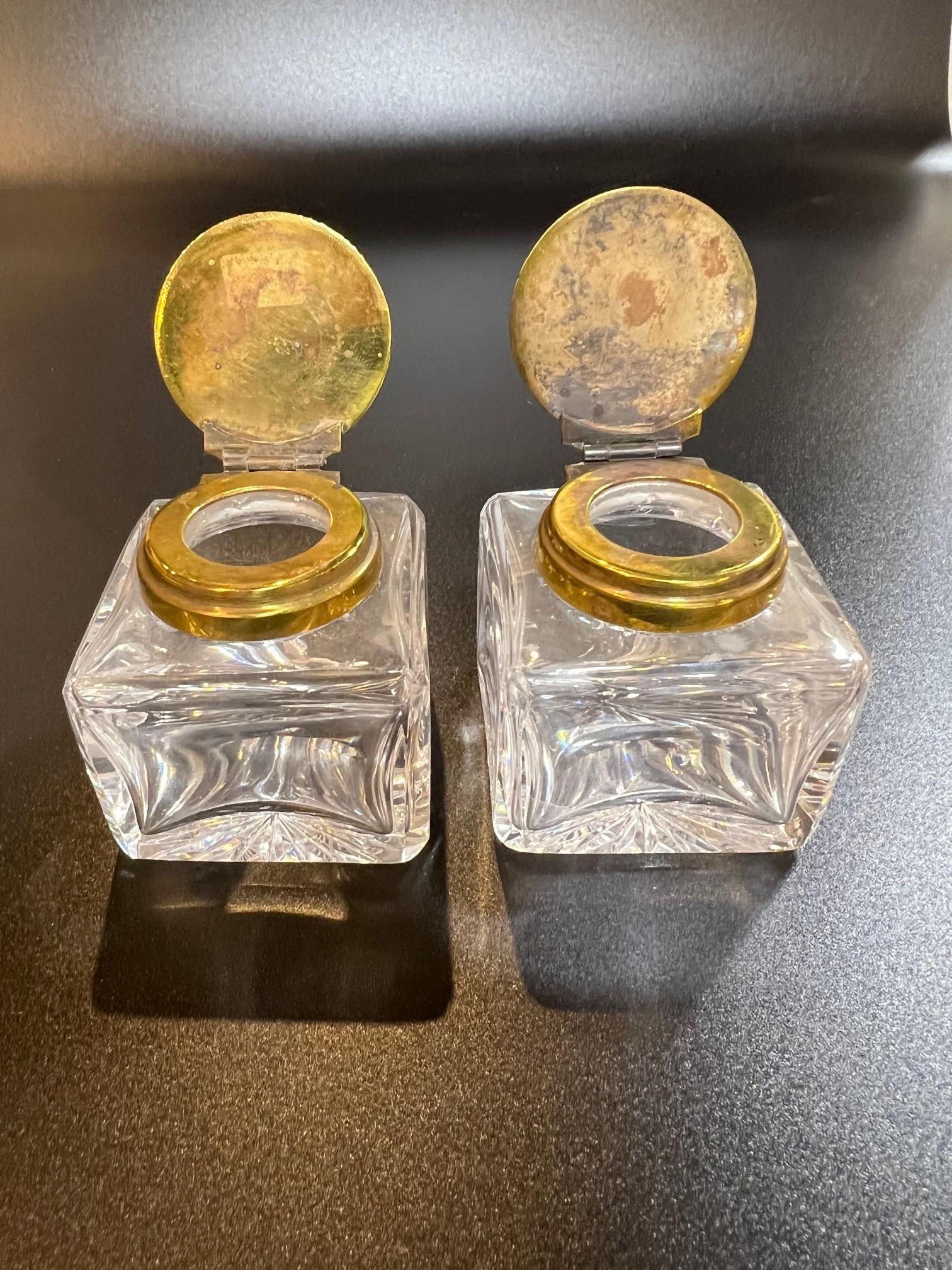 Mid-Century Antique Pair of Glass Inkwells with a Brass Lid and a Shield on Top For Sale 1