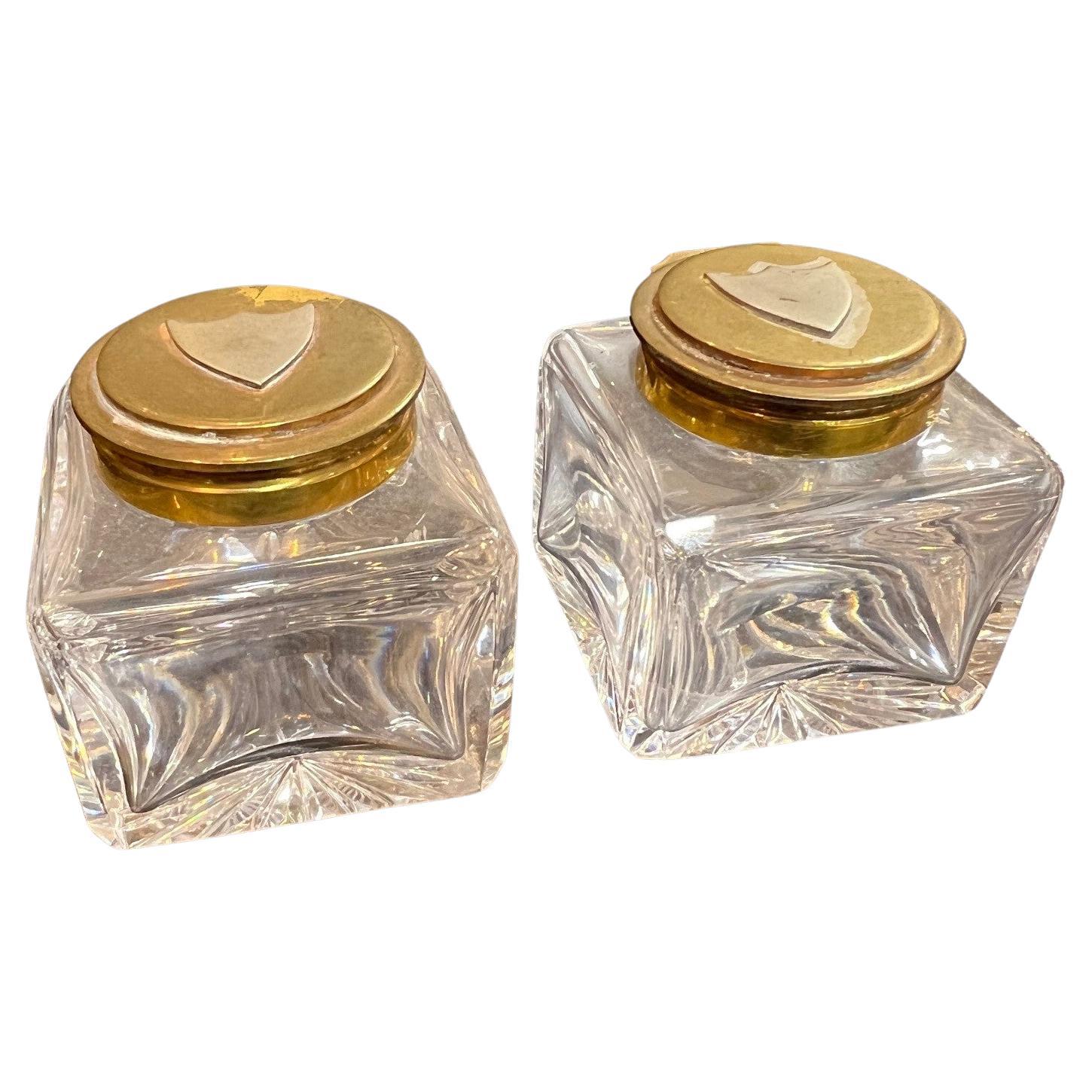 Mid-Century Antique Pair of Glass Inkwells with a Brass Lid and a Shield on Top For Sale