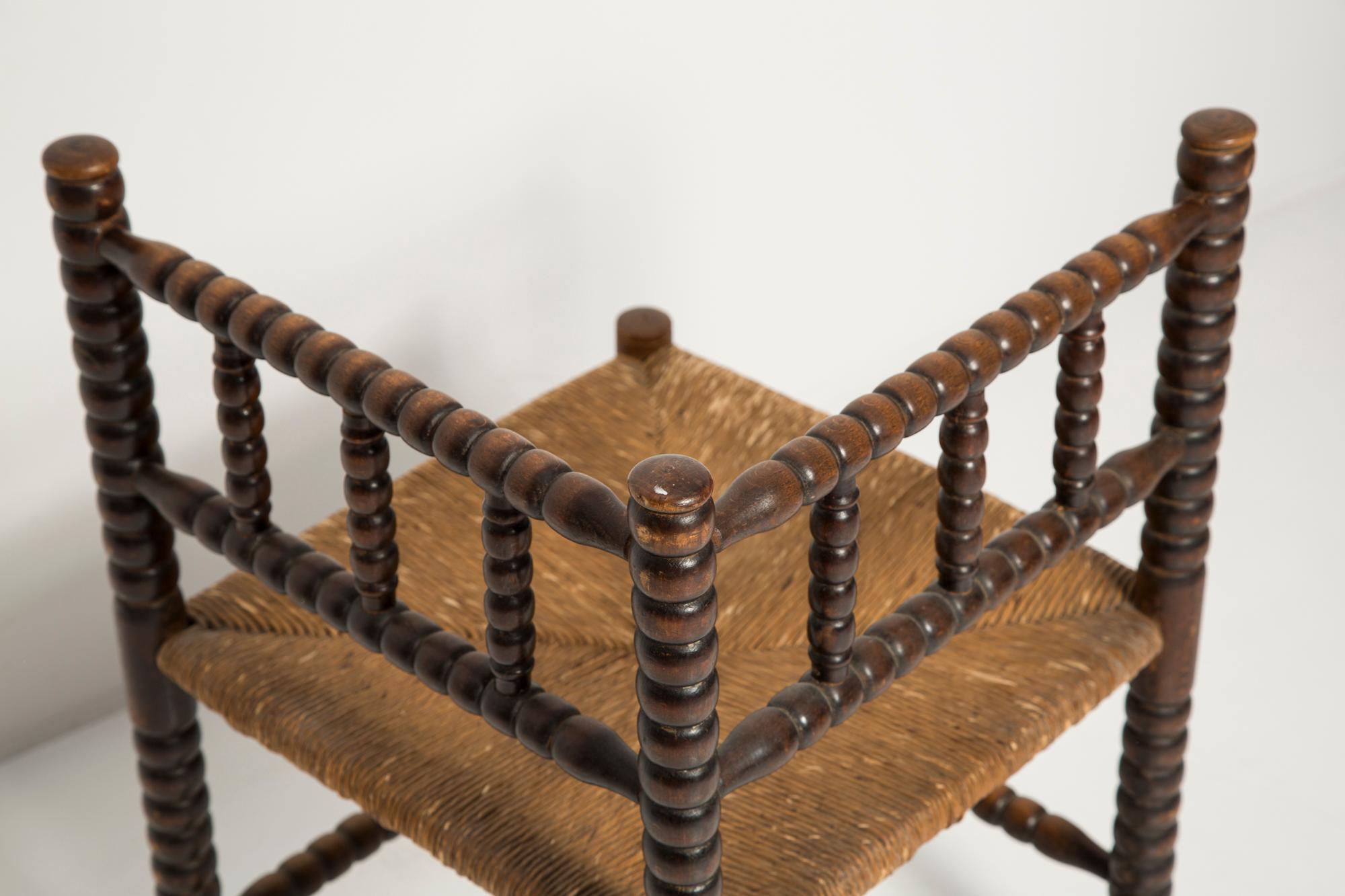 Mid Century Antique Provincial Hand Crafted Bobbin Corner Chair, France, 1940s For Sale 5