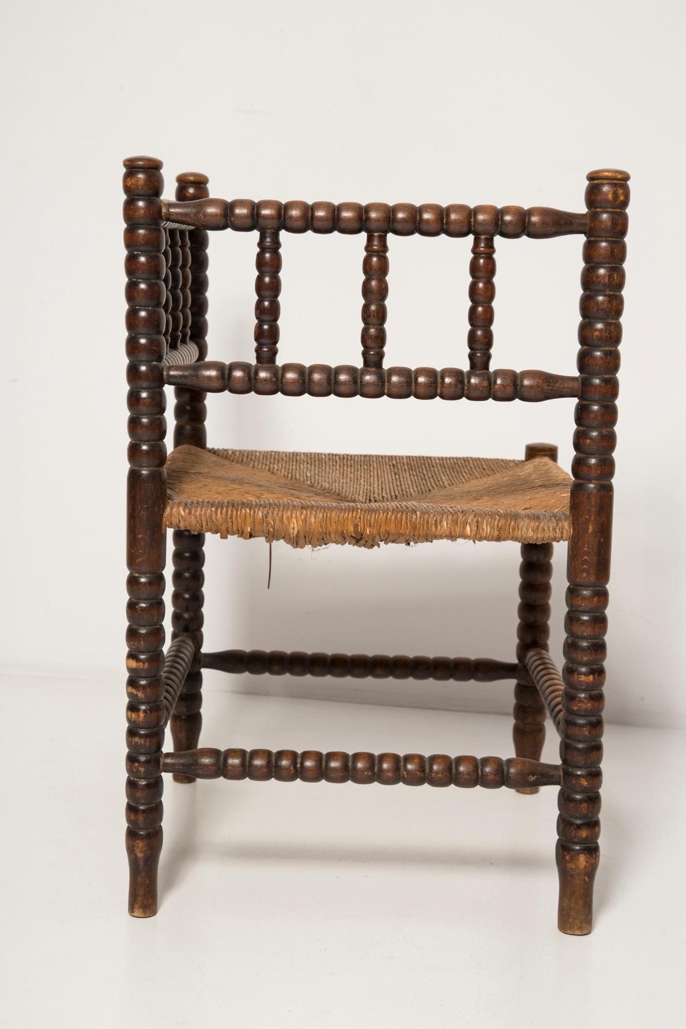 Mid Century Antique Provincial Hand Crafted Bobbin Corner Chair, France, 1940s For Sale 7