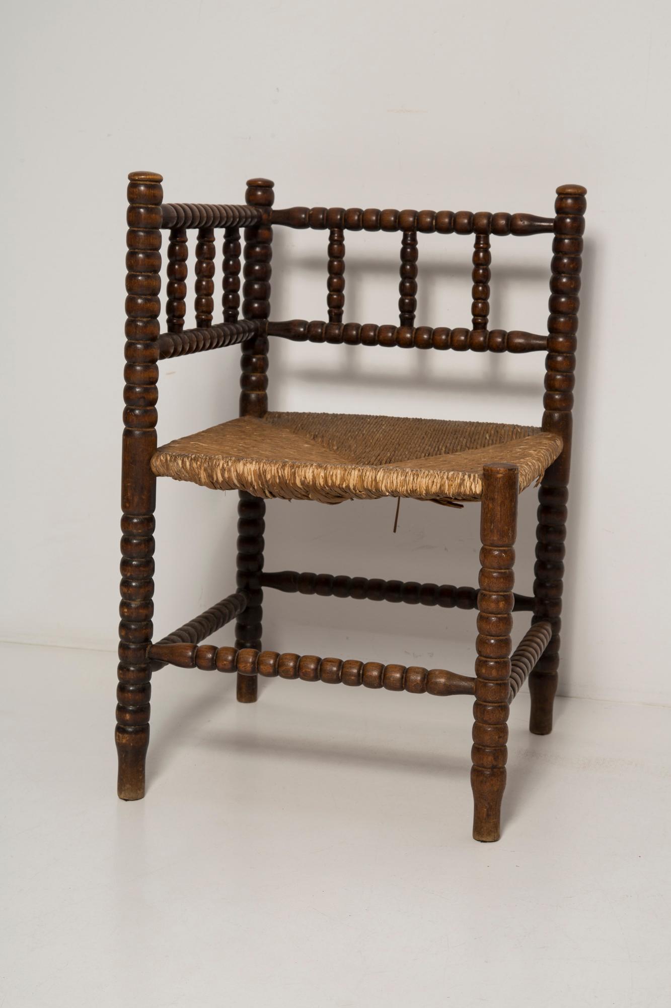 Mid-Century Modern Mid Century Antique Provincial Hand Crafted Bobbin Corner Chair, France, 1940s For Sale