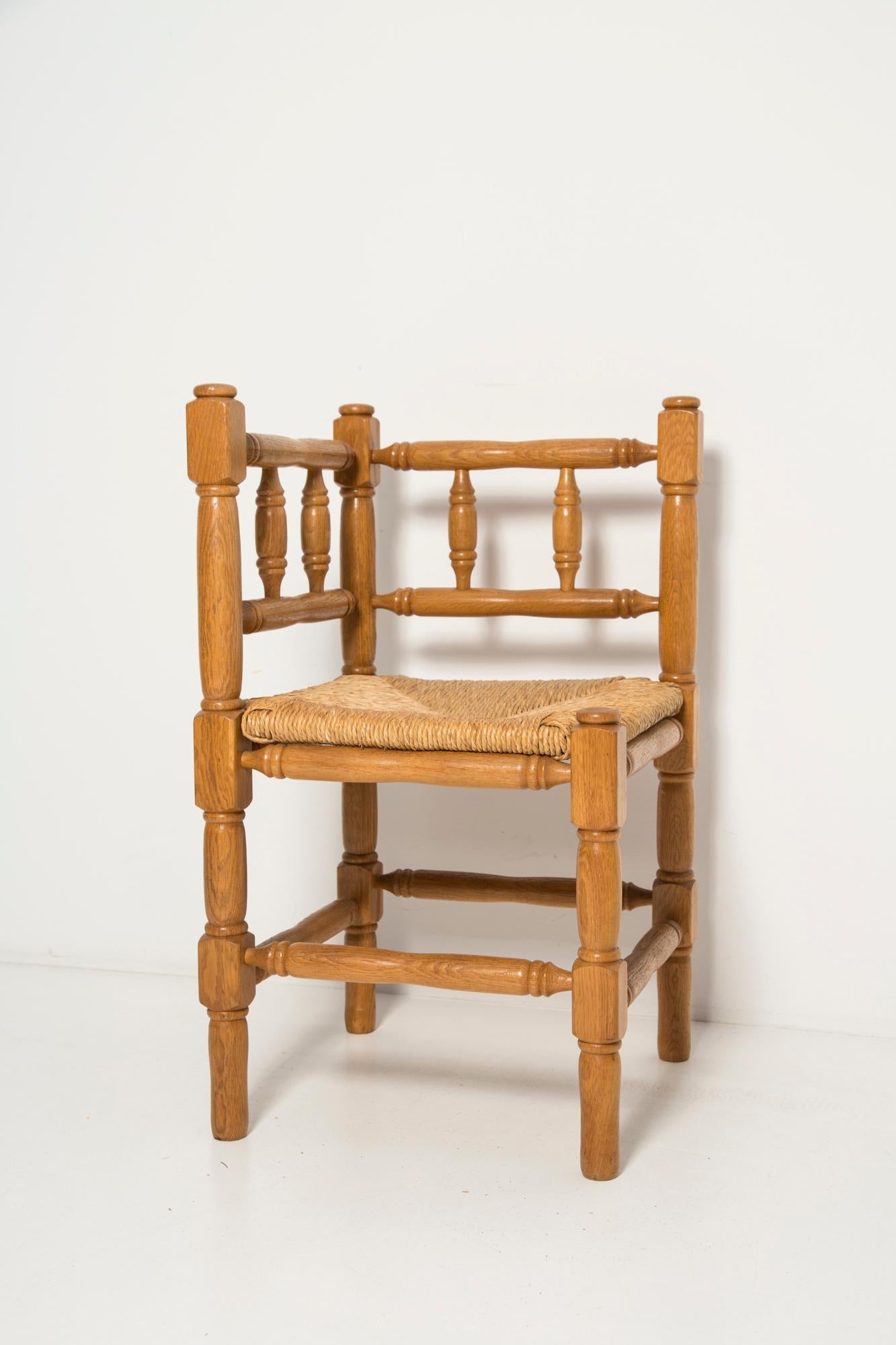 Mid-Century Modern Mid Century Antique Provincial Hand Crafted Bobbin Corner Chair, France, 1940s For Sale