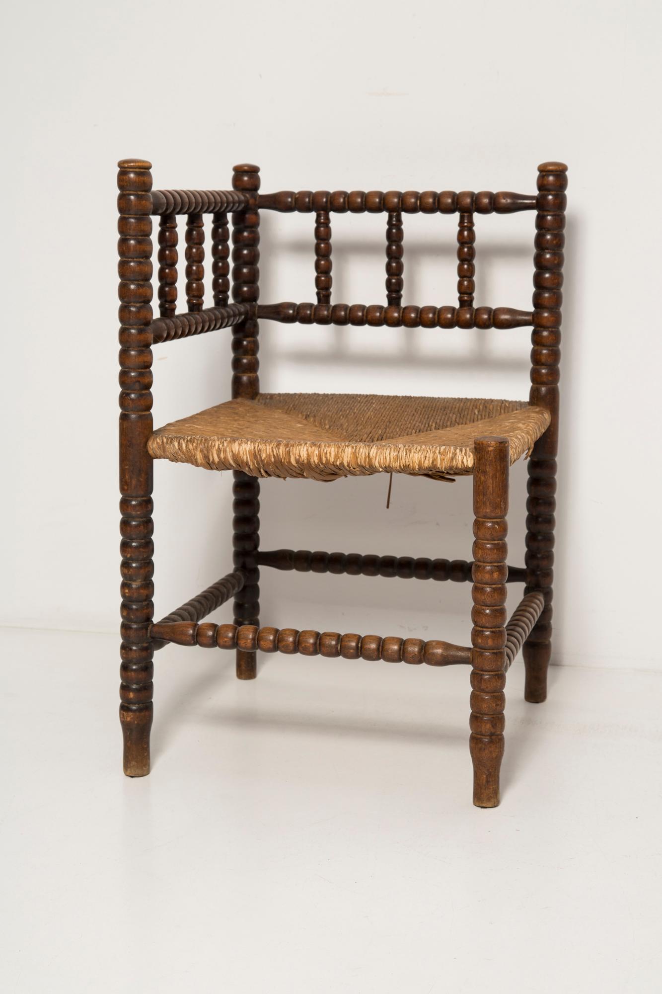 French Mid Century Antique Provincial Hand Crafted Bobbin Corner Chair, France, 1940s For Sale