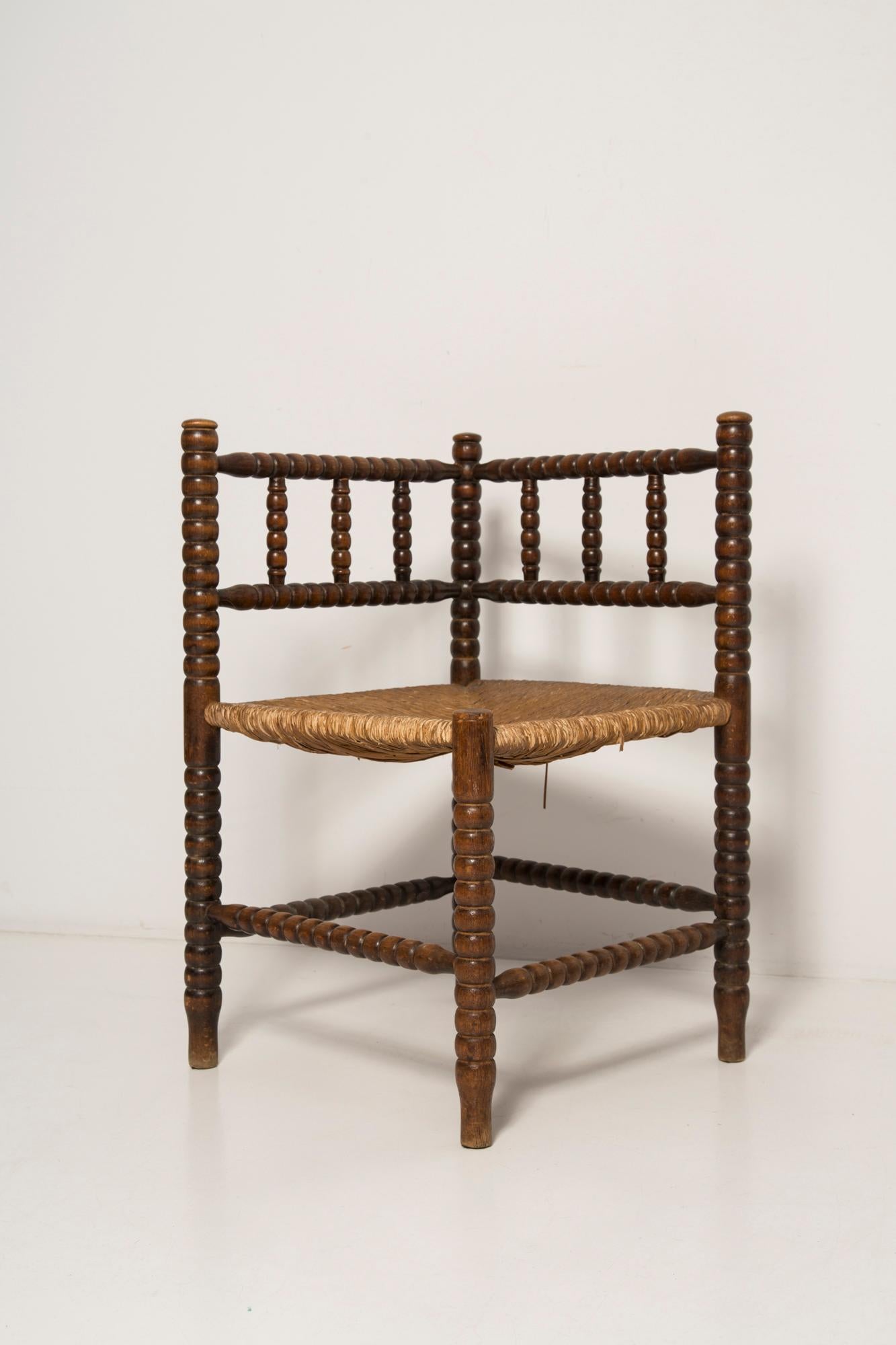 20th Century Mid Century Antique Provincial Hand Crafted Bobbin Corner Chair, France, 1940s For Sale