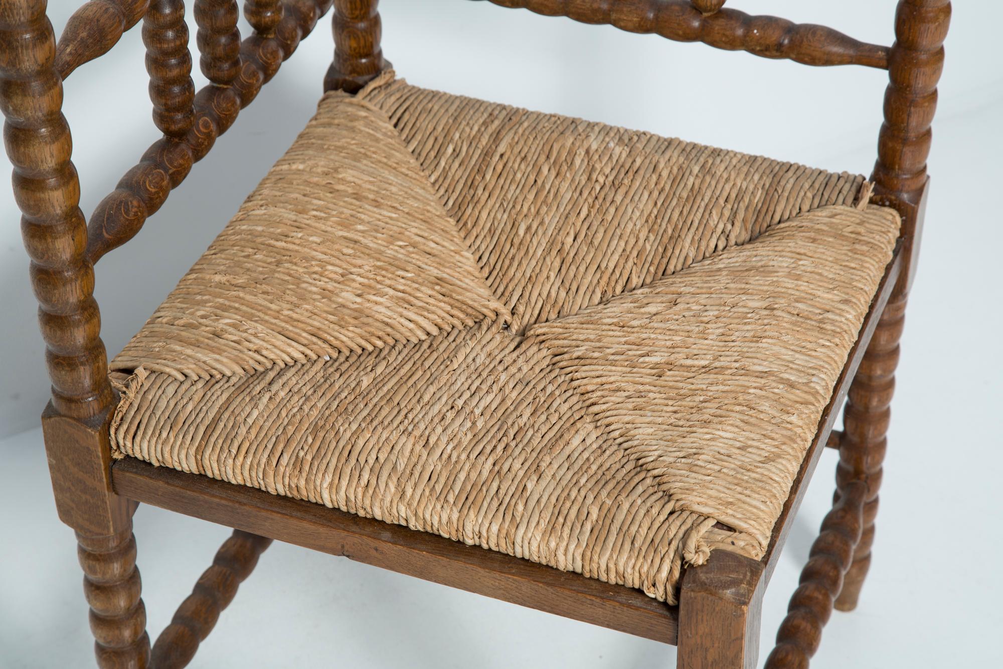 20th Century Mid Century Antique Provincial Hand Crafted Bobbin Corner Chair, France, 1940s For Sale