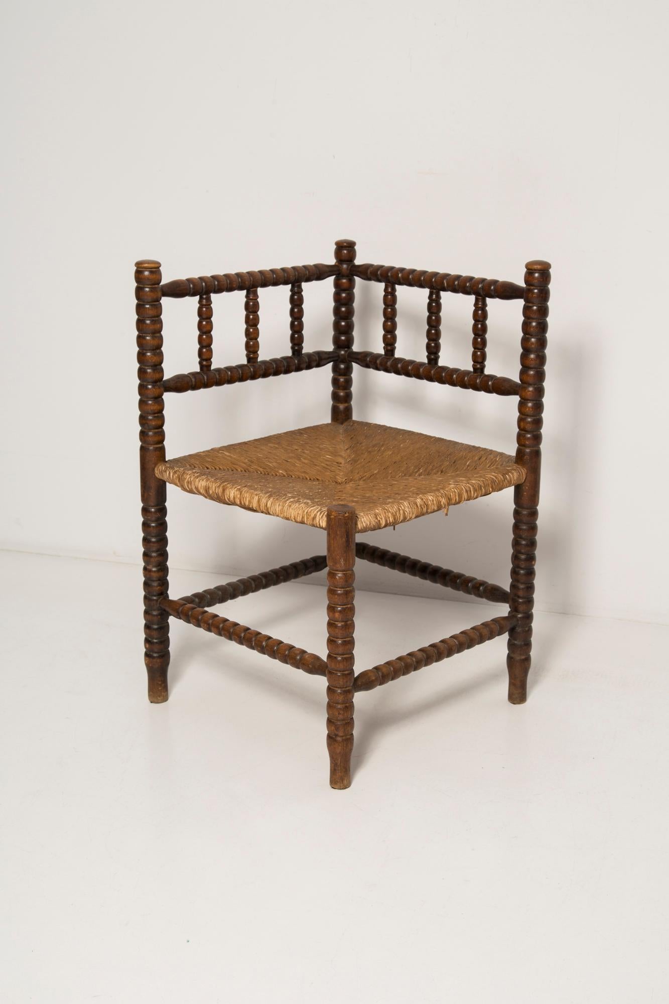 Straw Mid Century Antique Provincial Hand Crafted Bobbin Corner Chair, France, 1940s For Sale