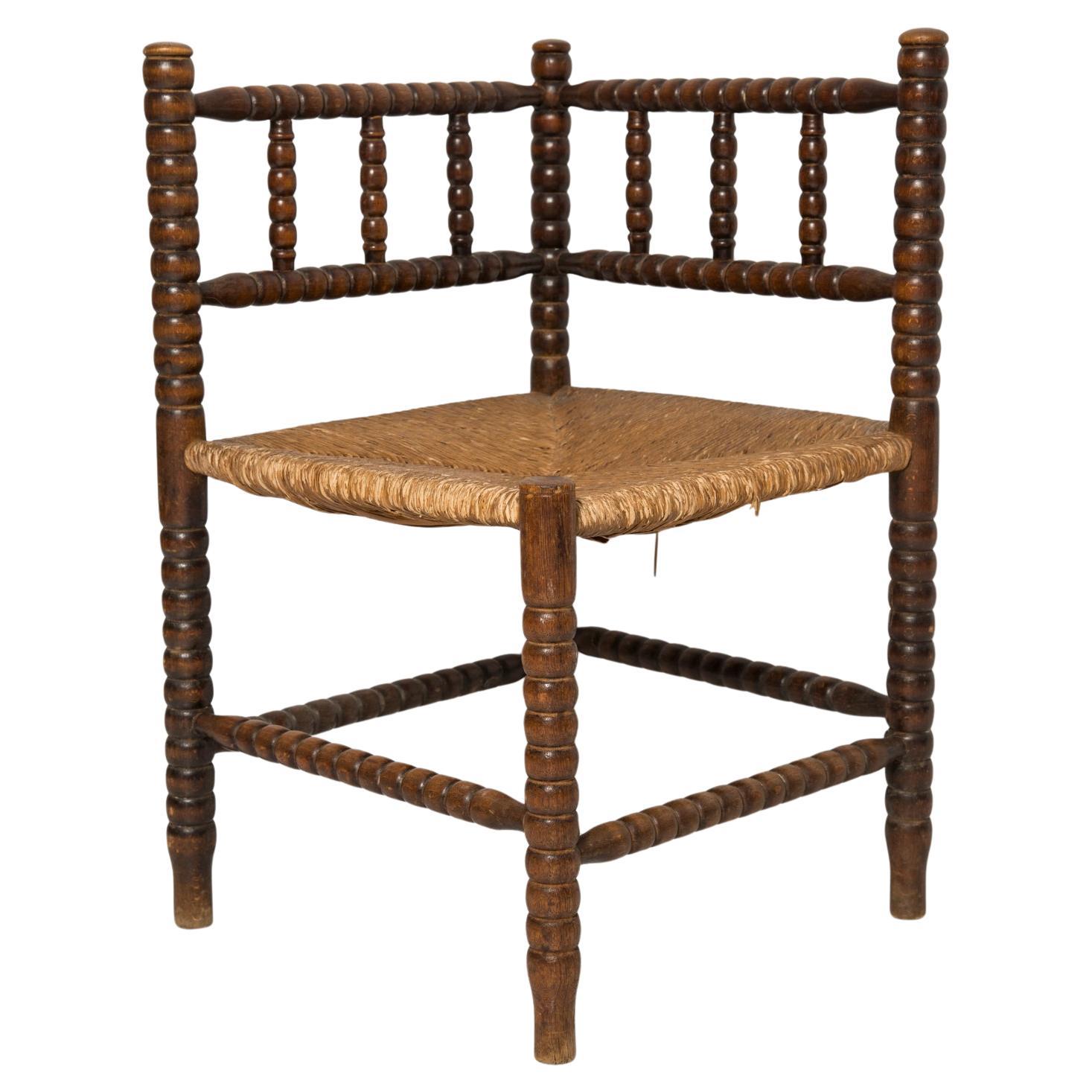 Mid Century Antique Provincial Hand Crafted Bobbin Corner Chair, Francia, 1940s