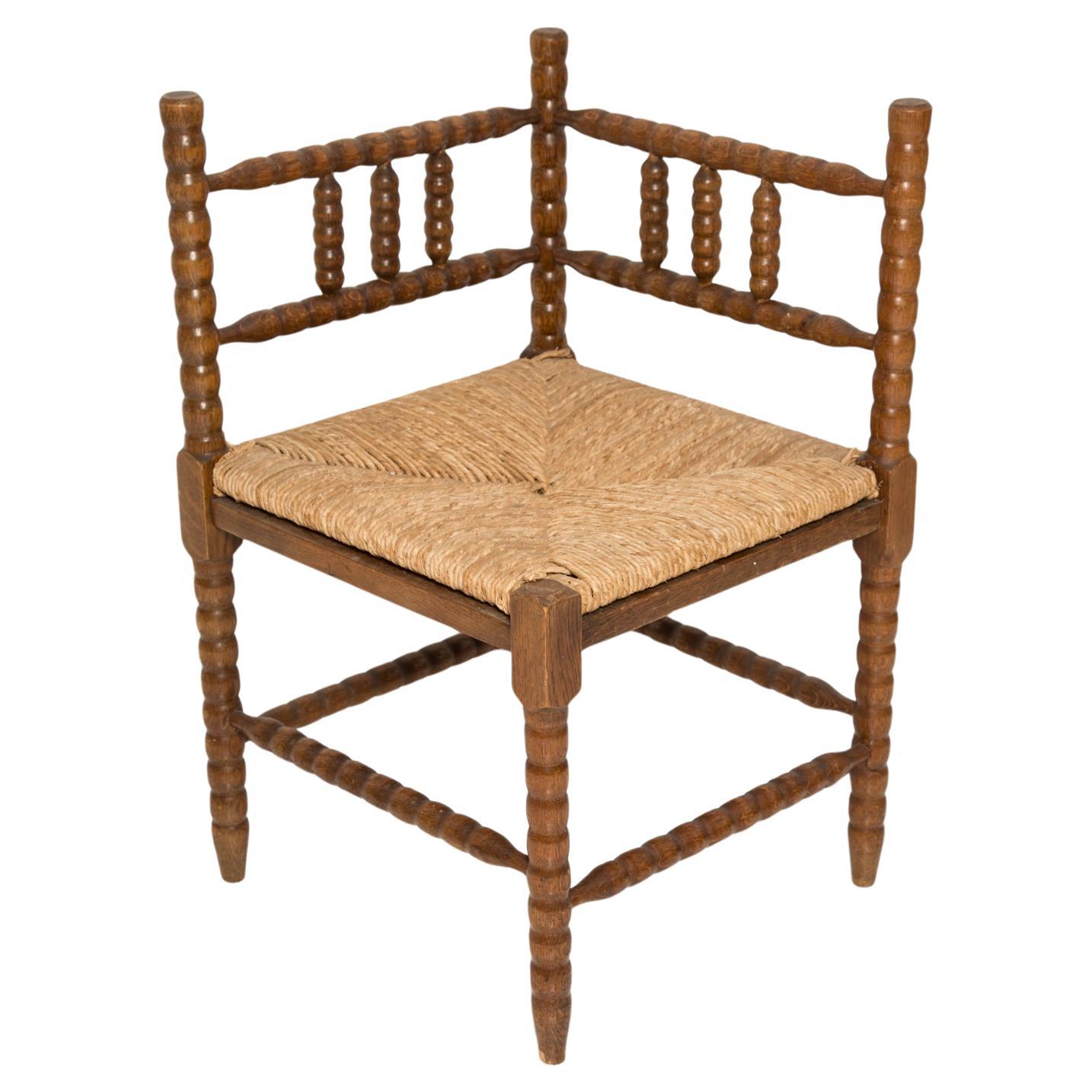 Mid Century Antique Provincial Hand Crafted Bobbin Corner Chair, Francia, 1940s