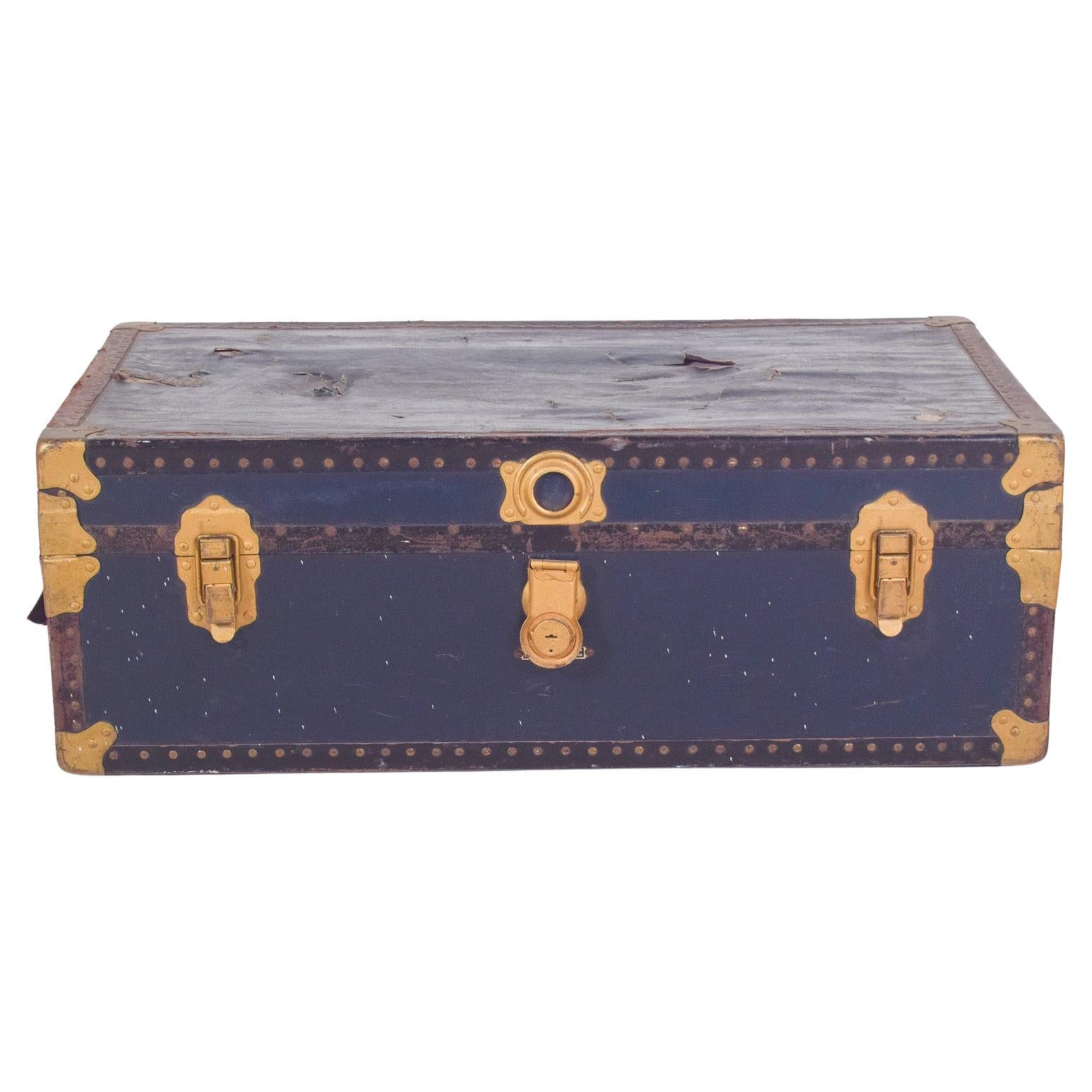 Valigia Mid Century Antiques rivestita in pelle blu in vendita