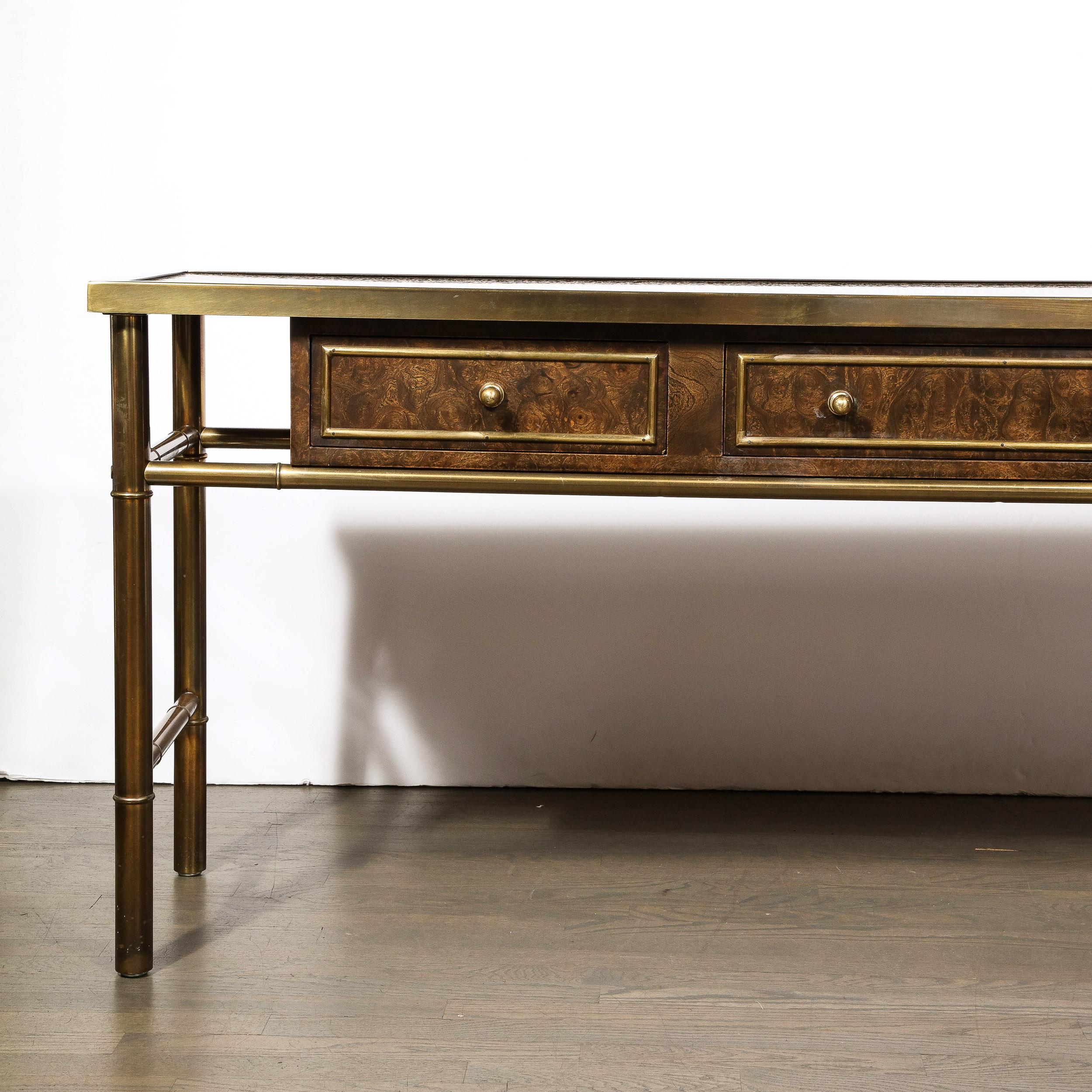 Mid-Century Antiqued Brass & Burled Carpathian Elm Console Table by Mastercraft 4