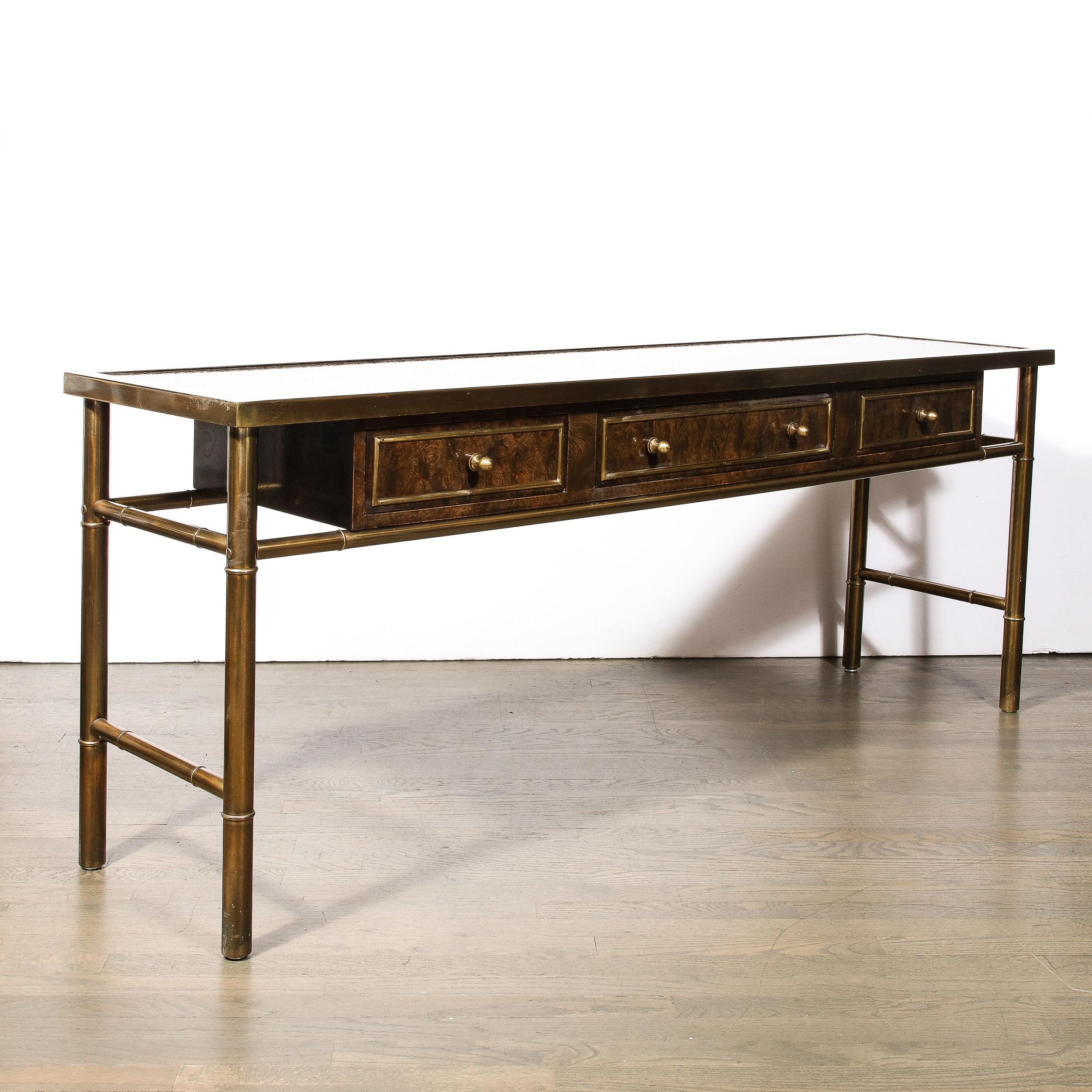 Mid-Century Antiqued Brass & Burled Carpathian Elm Console Table by Mastercraft 10