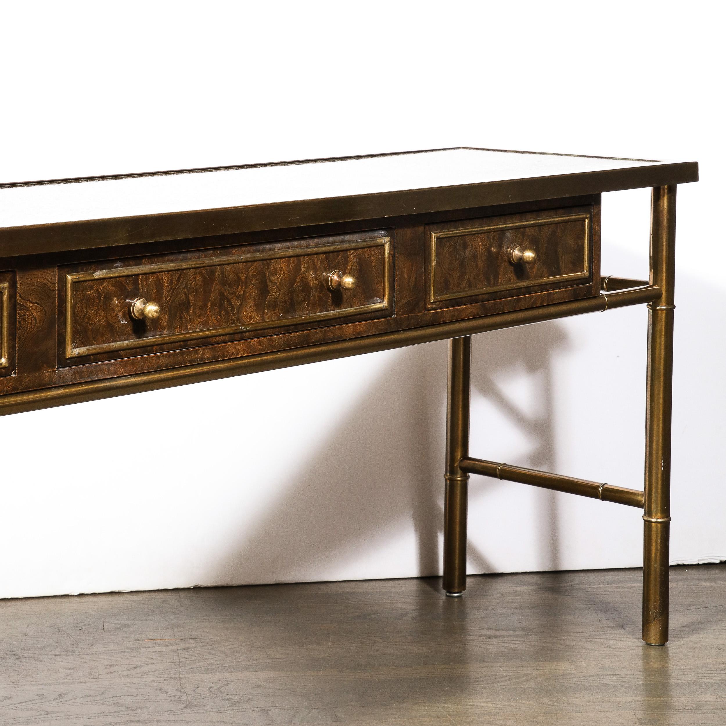 Mid-Century Antiqued Brass & Burled Carpathian Elm Console Table by Mastercraft 11