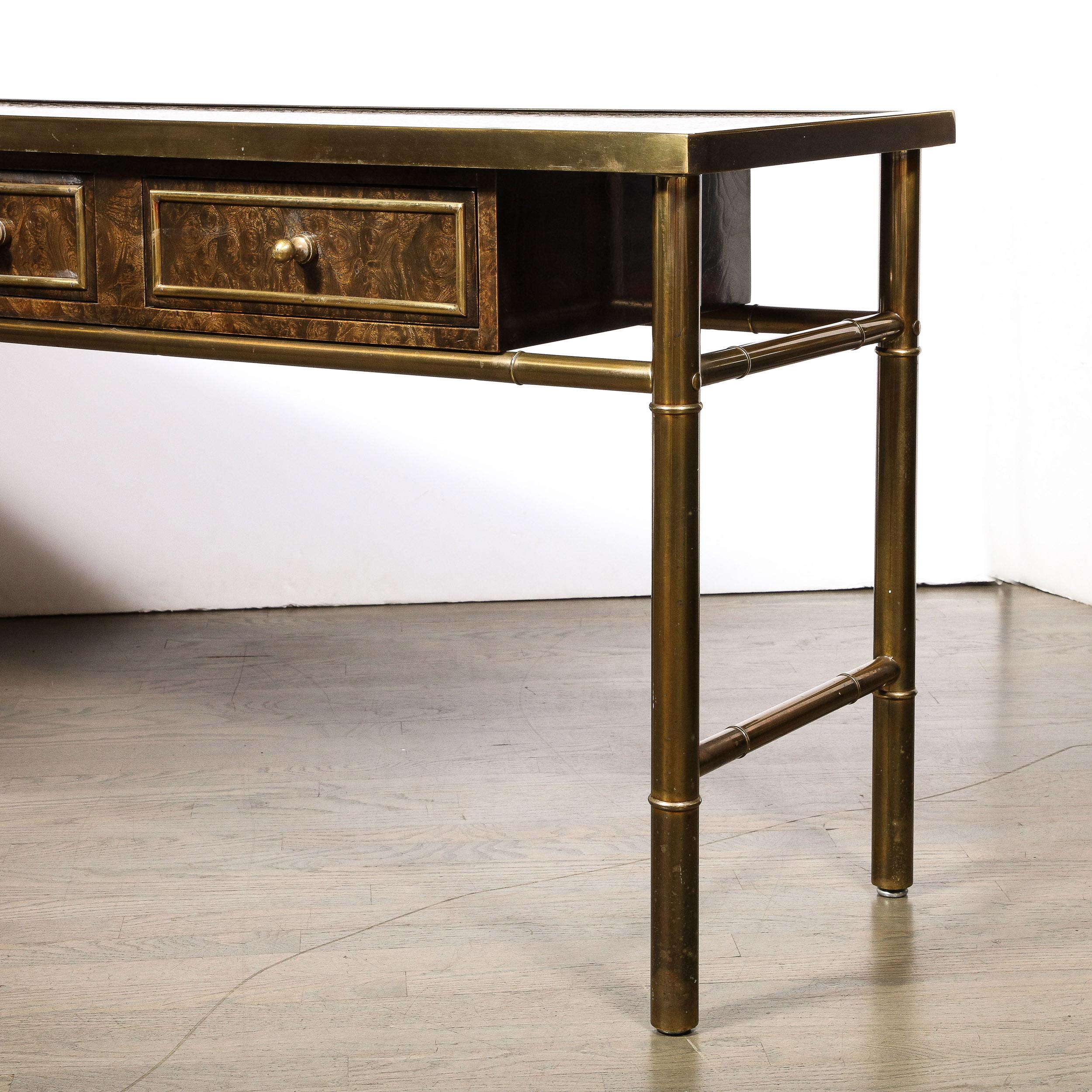 American Mid-Century Antiqued Brass & Burled Carpathian Elm Console Table by Mastercraft