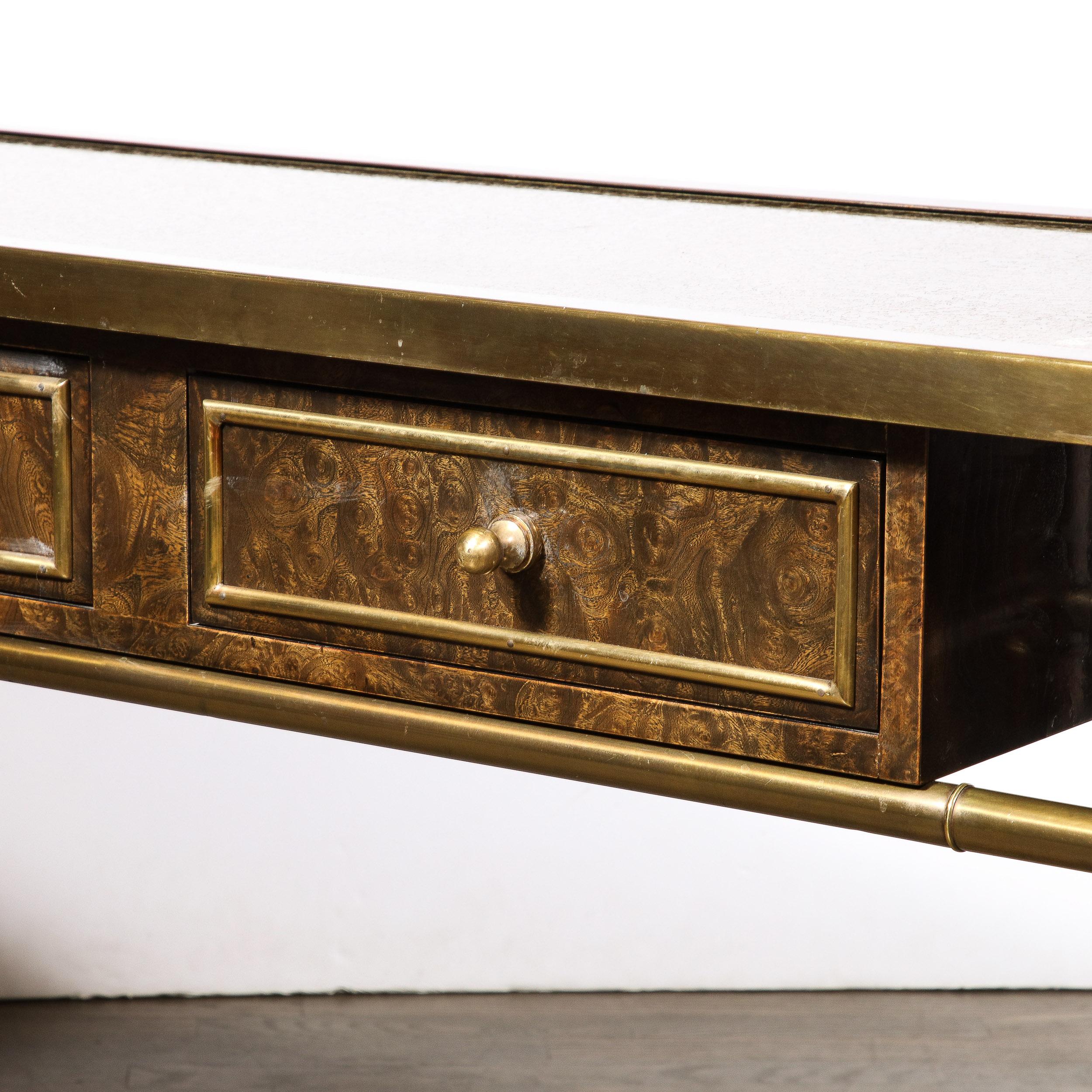Mid-Century Antiqued Brass & Burled Carpathian Elm Console Table by Mastercraft In Excellent Condition In New York, NY