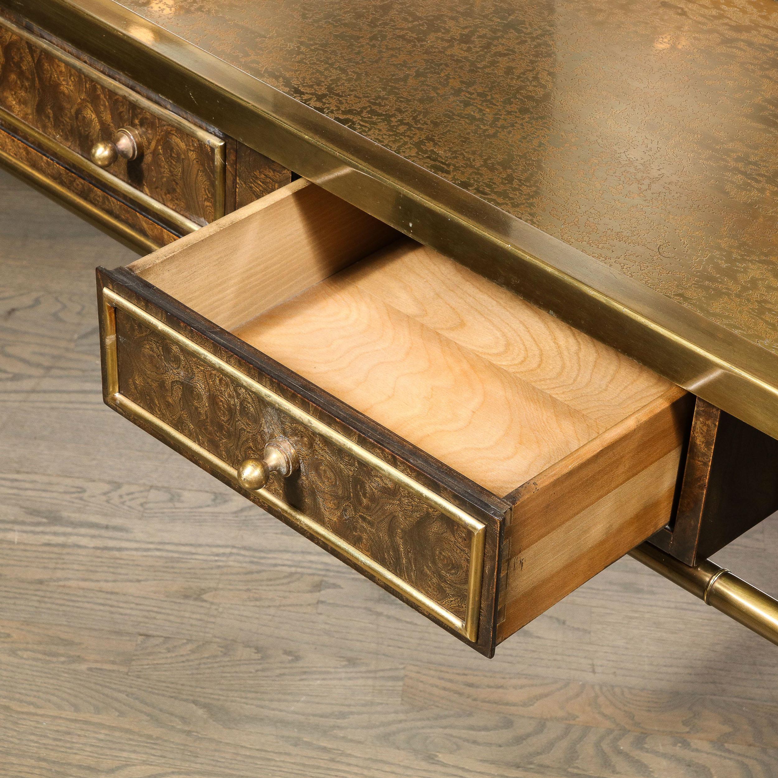 Late 20th Century Mid-Century Antiqued Brass & Burled Carpathian Elm Console Table by Mastercraft
