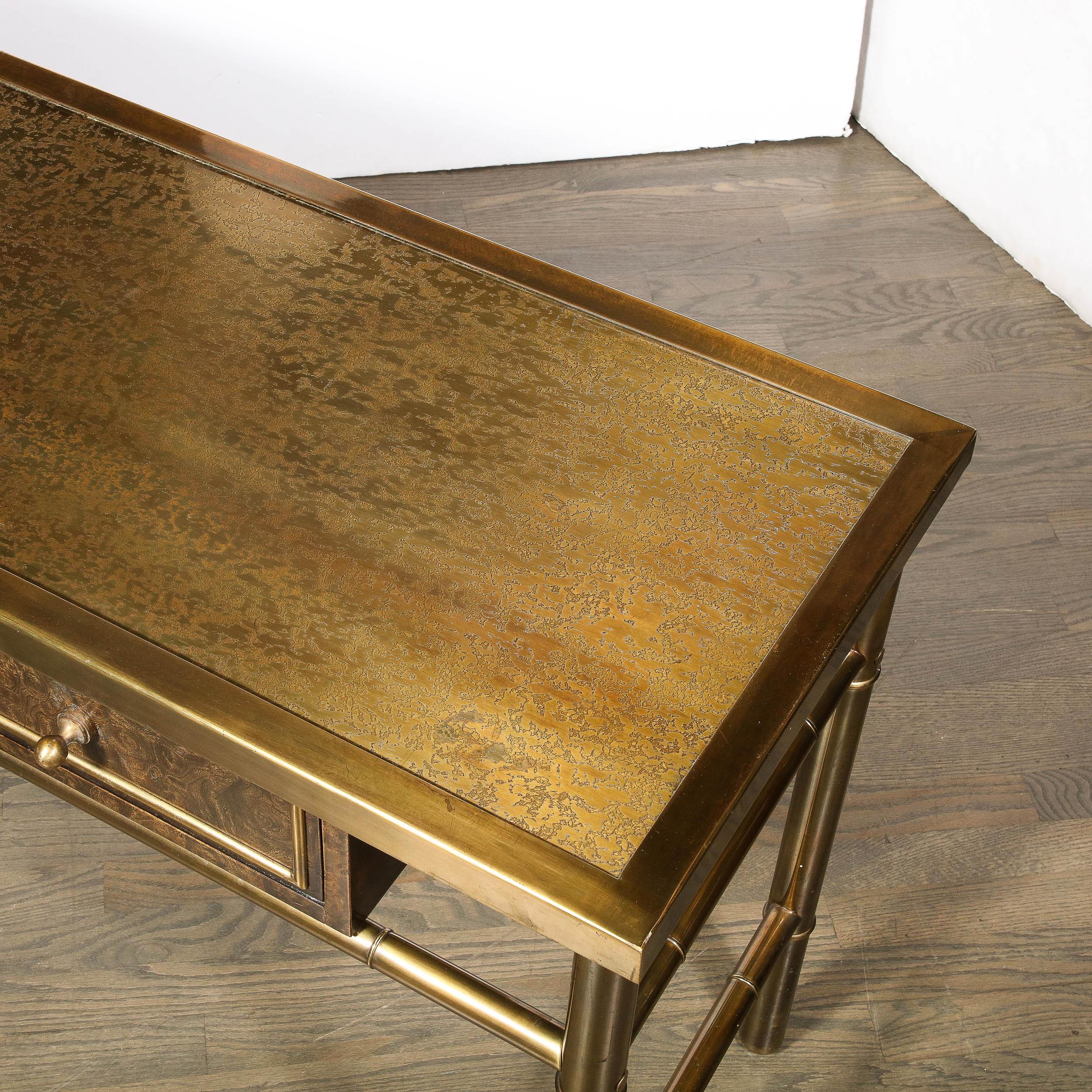 Mid-Century Antiqued Brass & Burled Carpathian Elm Console Table by Mastercraft 1