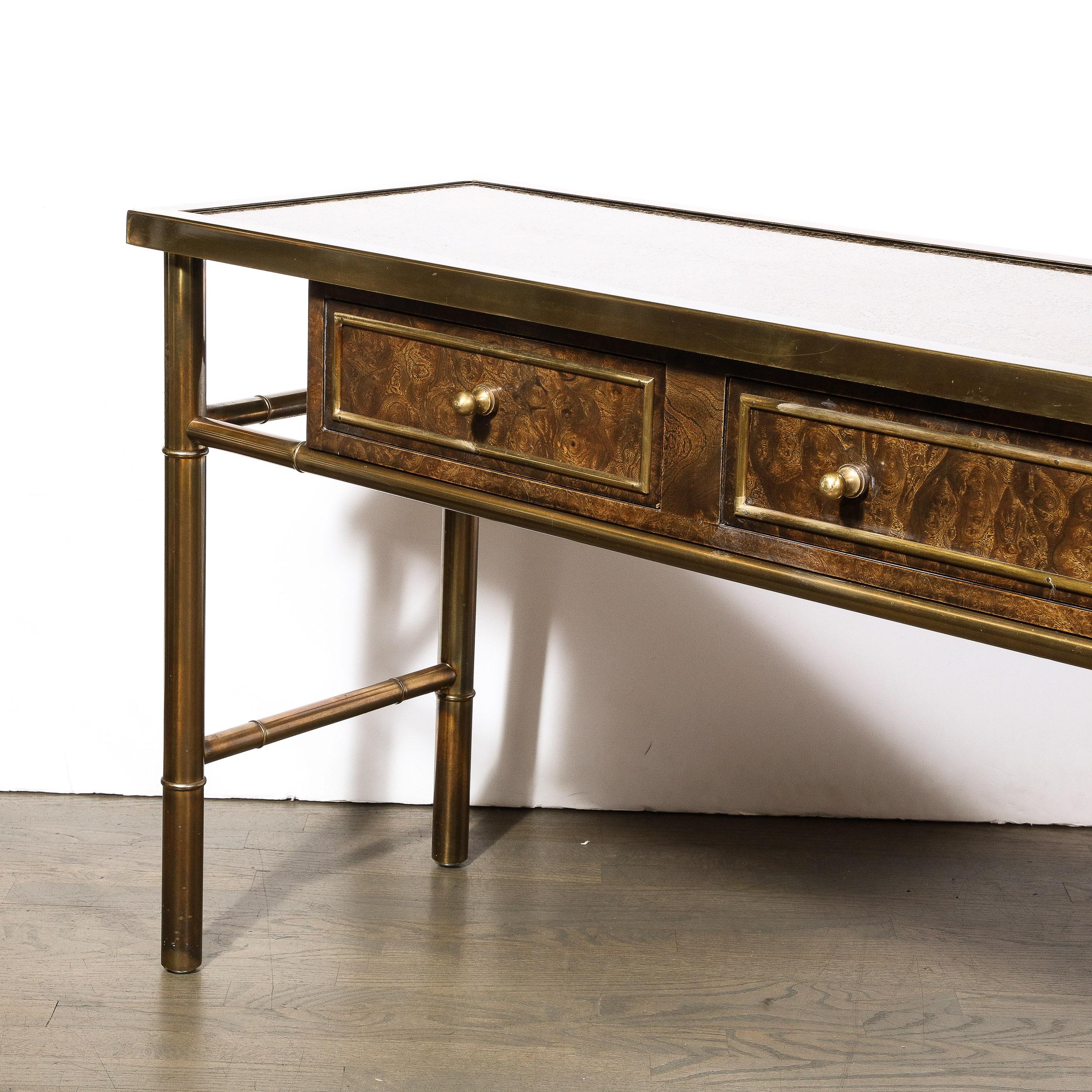 Mid-Century Antiqued Brass & Burled Carpathian Elm Console Table by Mastercraft 3