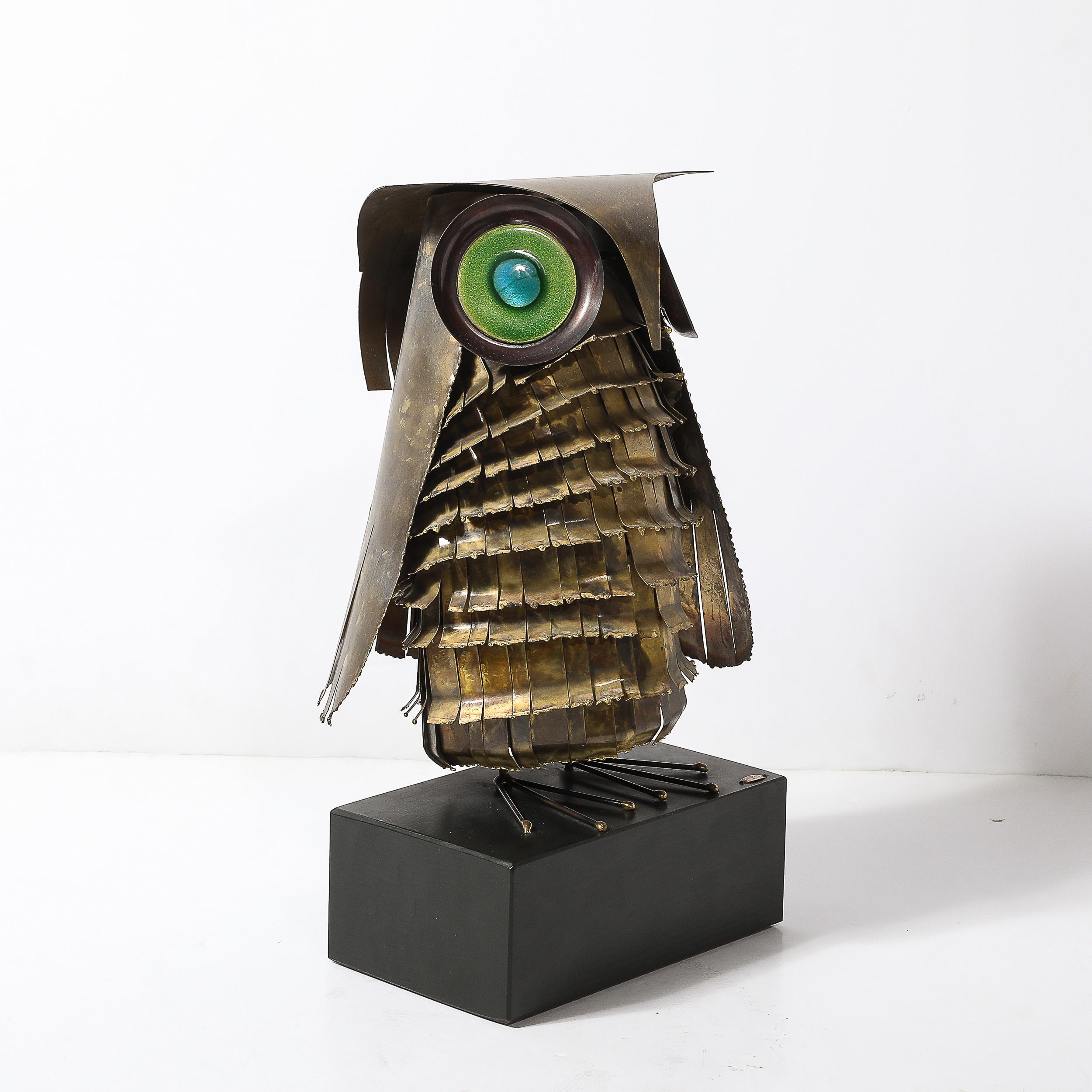 Mid-Century Antiqued Brass & Glass Owl Sculpture signed Curtis Jere For Sale 6