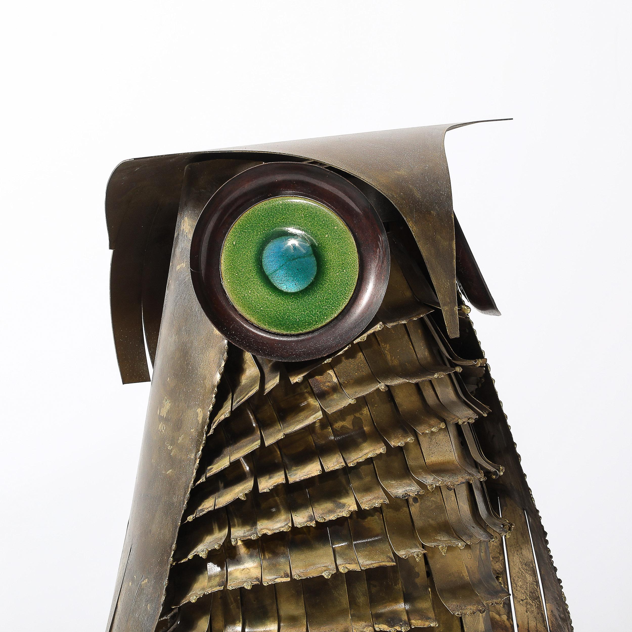 Mid-Century Modern Mid-Century Antiqued Brass & Glass Owl Sculpture signed Curtis Jere For Sale