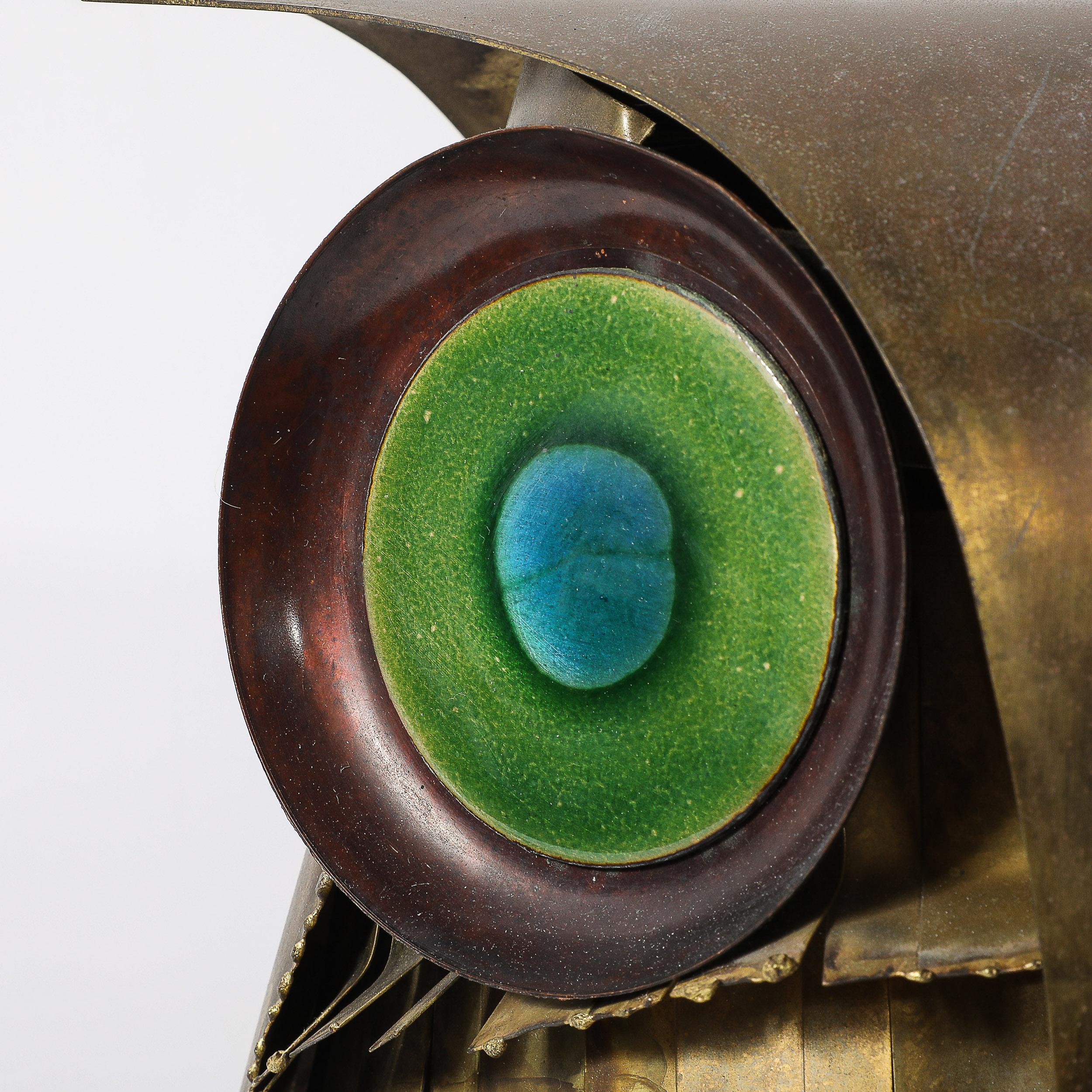 American Mid-Century Antiqued Brass & Glass Owl Sculpture signed Curtis Jere For Sale