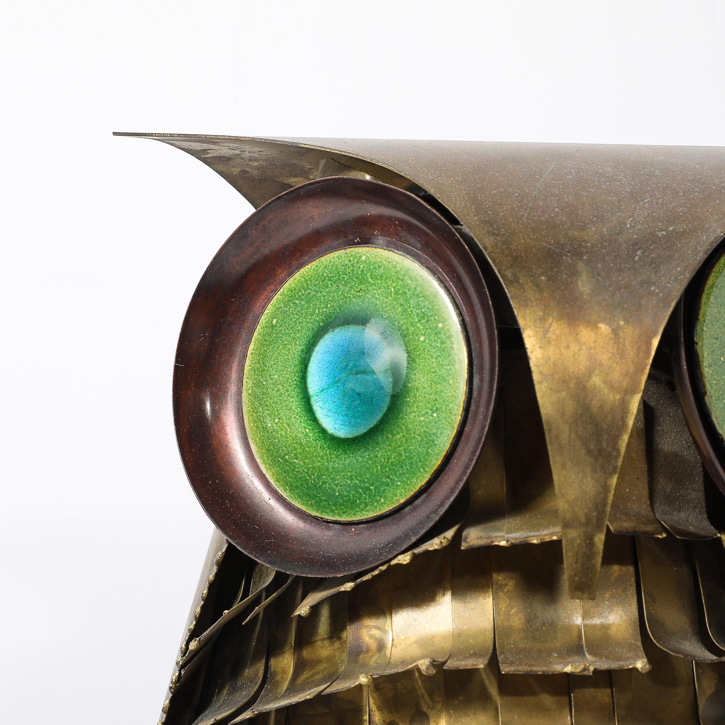 Mid-20th Century Mid-Century Antiqued Brass & Glass Owl Sculpture signed Curtis Jere For Sale