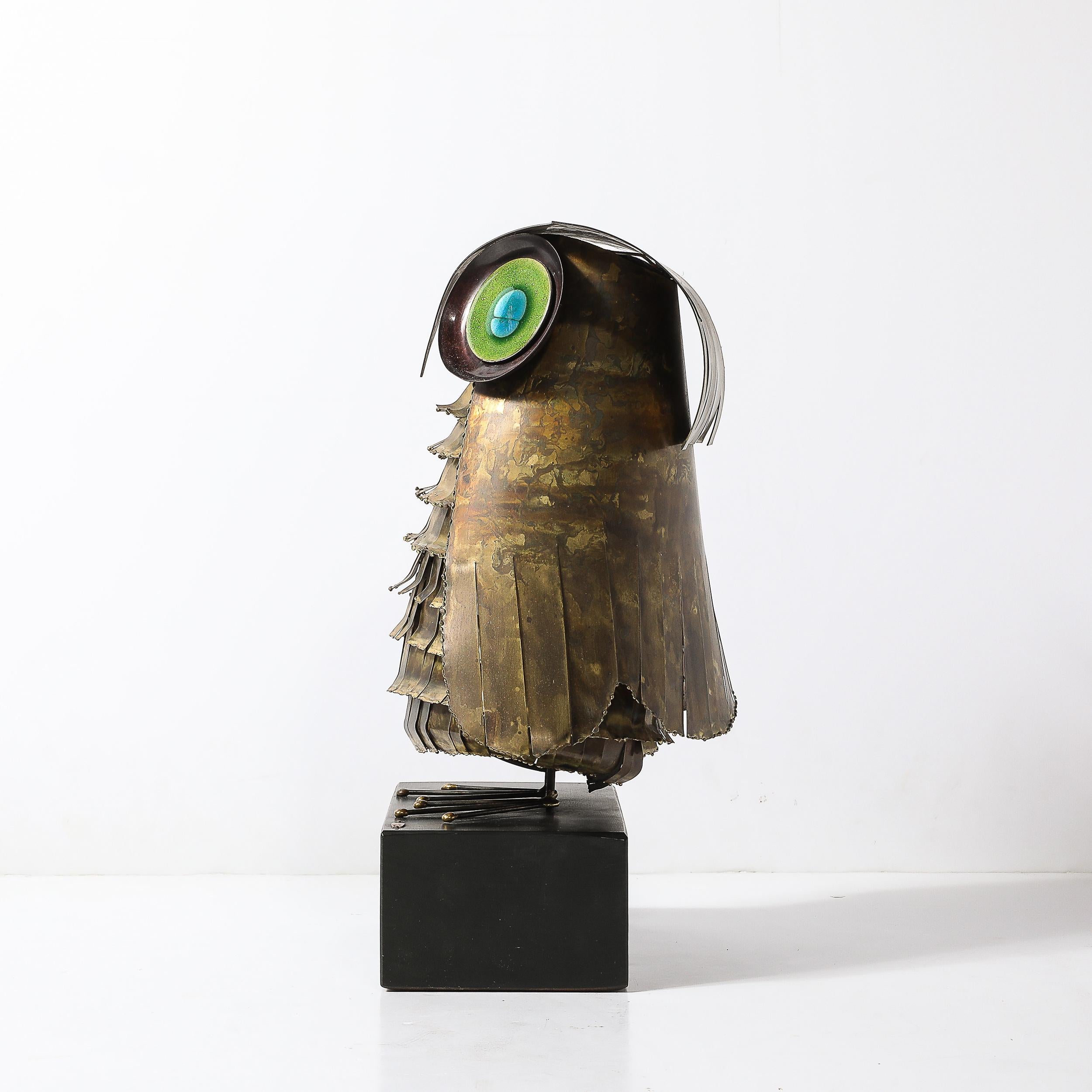 Mid-Century Antiqued Brass & Glass Owl Sculpture signed Curtis Jere For Sale 3