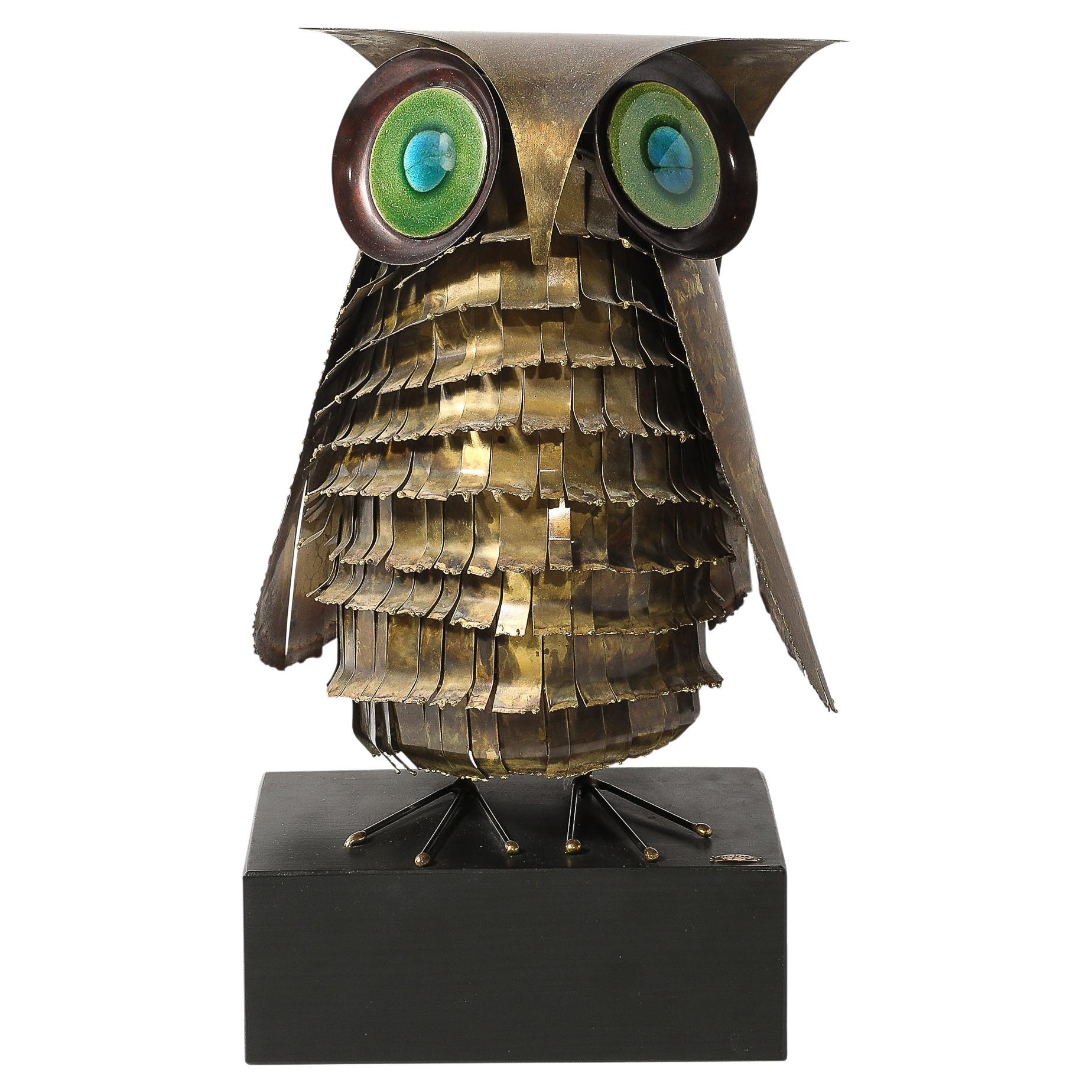 Mid-Century Antiqued Brass & Glass Owl Sculpture signed Curtis Jere For Sale