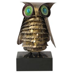 Mid-Century Antiqued Brass & Glass Owl Sculpture signed Curtis Jere